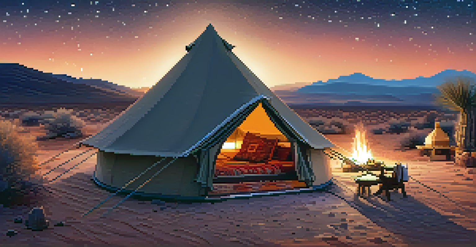 A desert glamping site at night with a luxurious tent, campfire, and starry sky above.