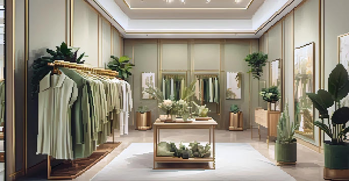 An interior view of a boutique displaying sustainable luxury fashion, with wooden racks, ambient lighting, and eco-friendly decor.