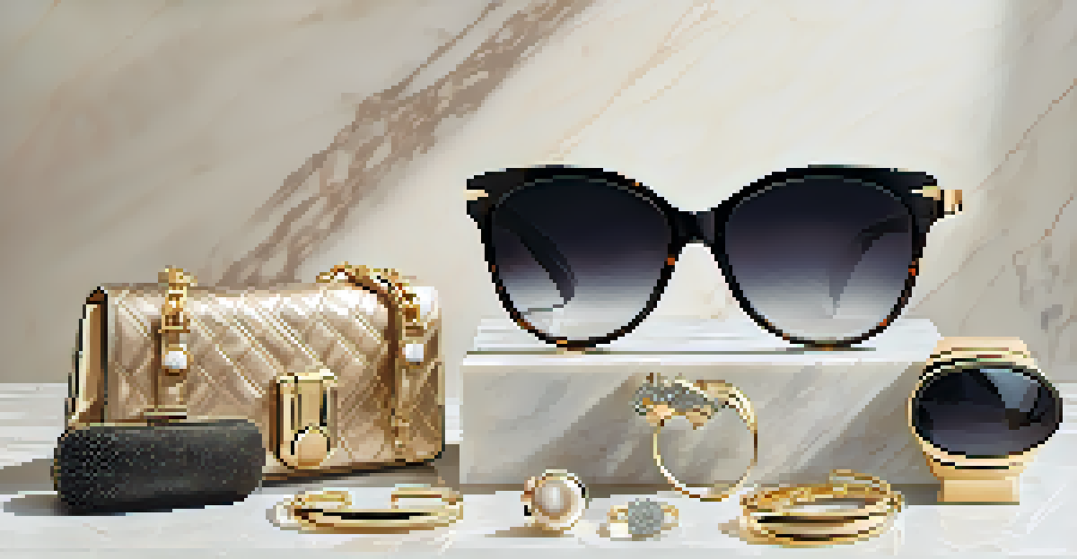 A stylish arrangement of luxury fashion accessories on a marble countertop, illuminated by warm ambient lighting.