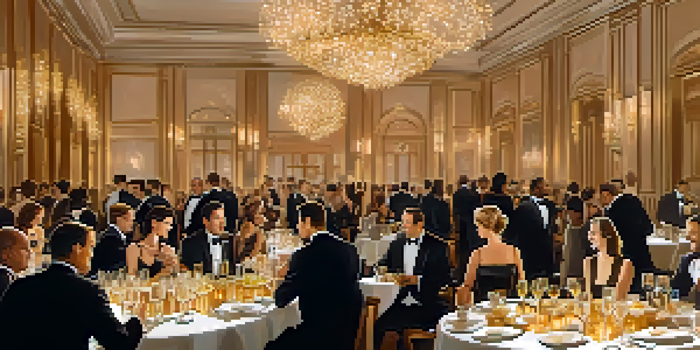 A luxurious networking event with elegantly dressed people talking and enjoying drinks in a warmly lit room with fine decor.