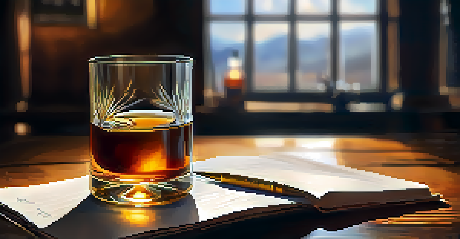 A close-up view of a tulip-shaped glass with amber whisky on a wooden table.