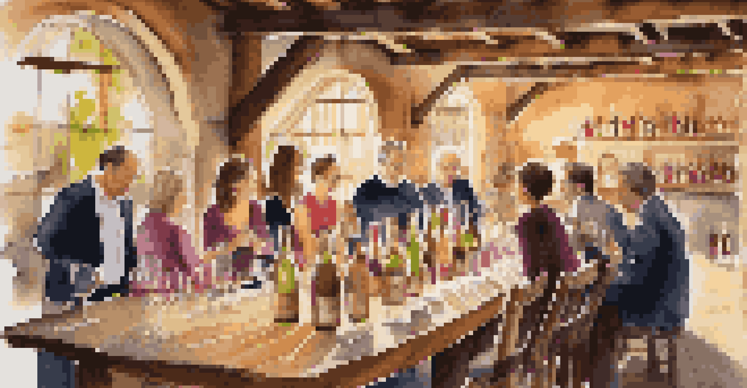A cozy wine tasting event with guests at a rustic winery, featuring wine bottles and glasses.