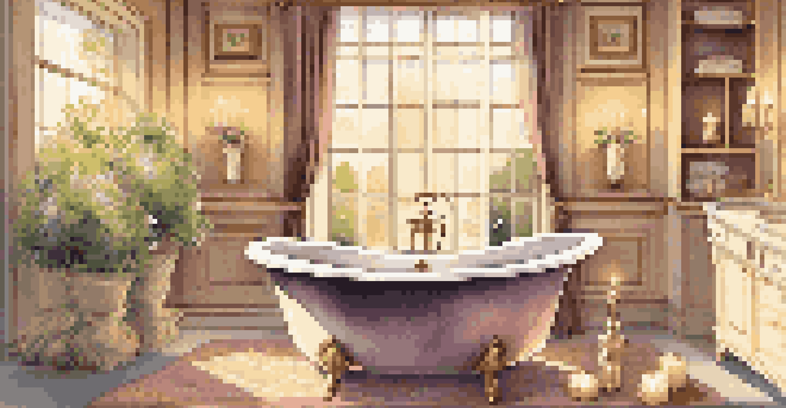 A luxurious bathroom with a bubble-filled bathtub, candles, and soft towels, illuminated by warm lighting.