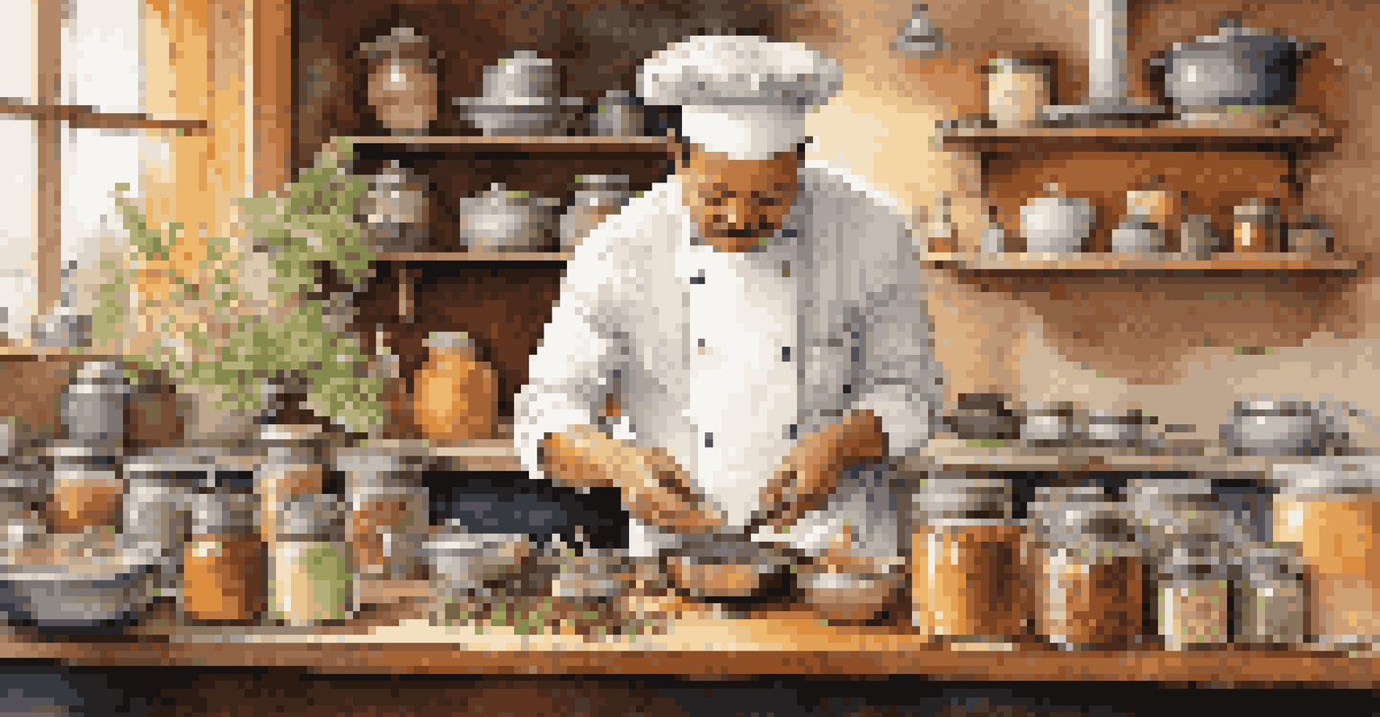 A chef in a warm-lit kitchen preparing a gourmet dish with various spice jars and ingredients on the countertop.