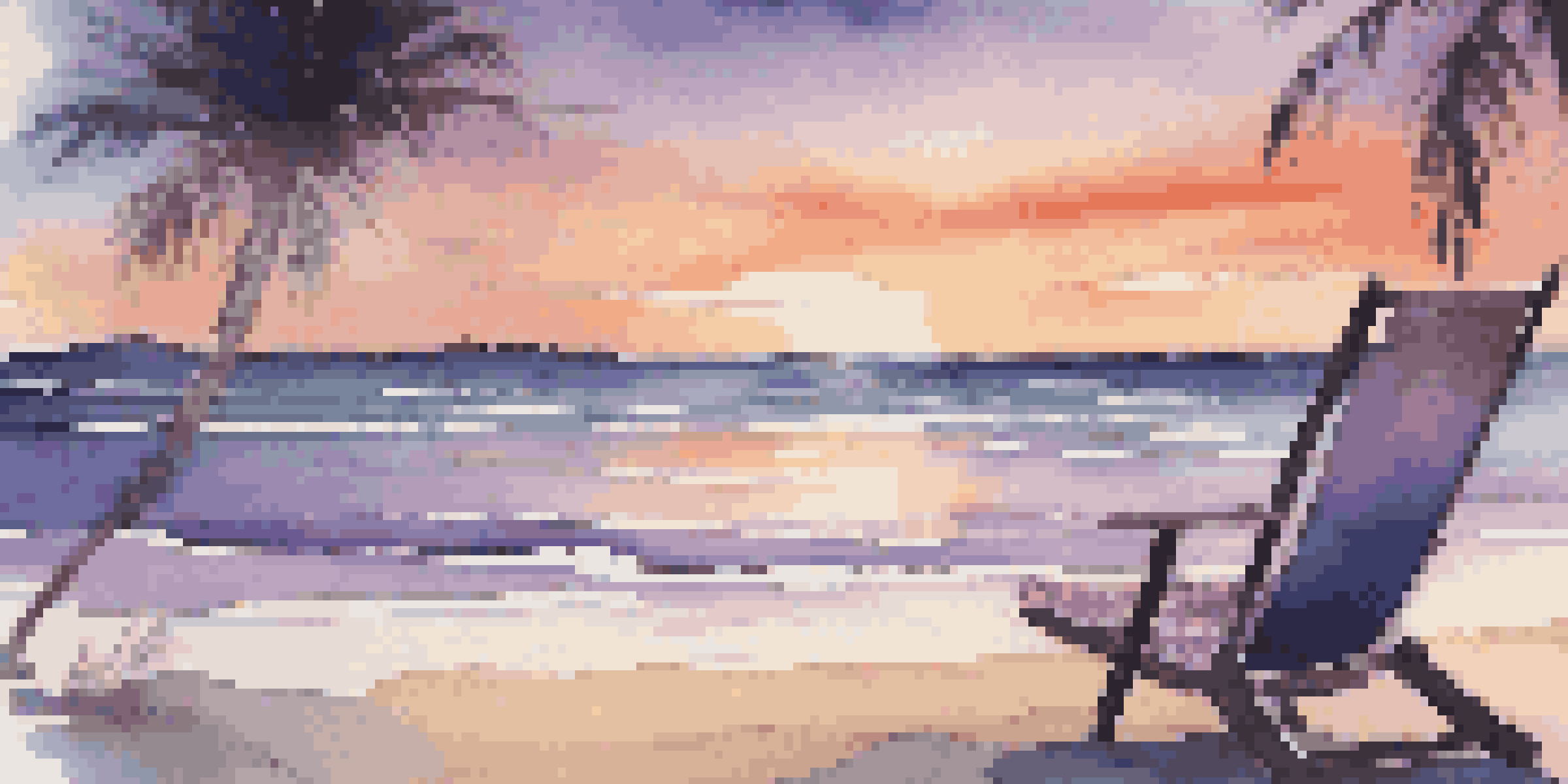 A tranquil beach scene at sunset with soft waves, a beach chair, and silhouetted palm trees against a colorful sky.