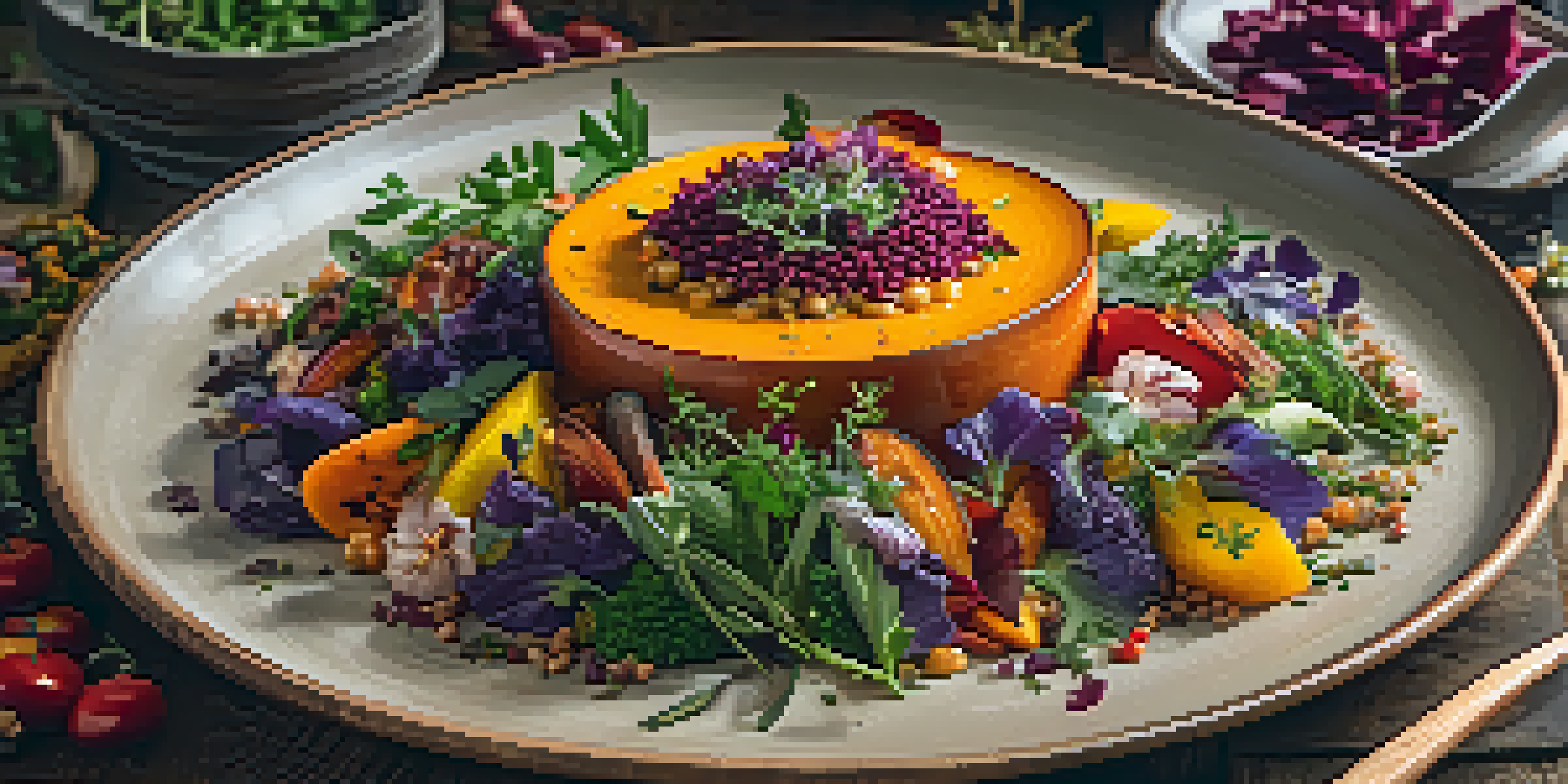 A gourmet plant-based dish with vibrant roasted vegetables and quinoa, beautifully arranged with fresh herbs and edible flowers.