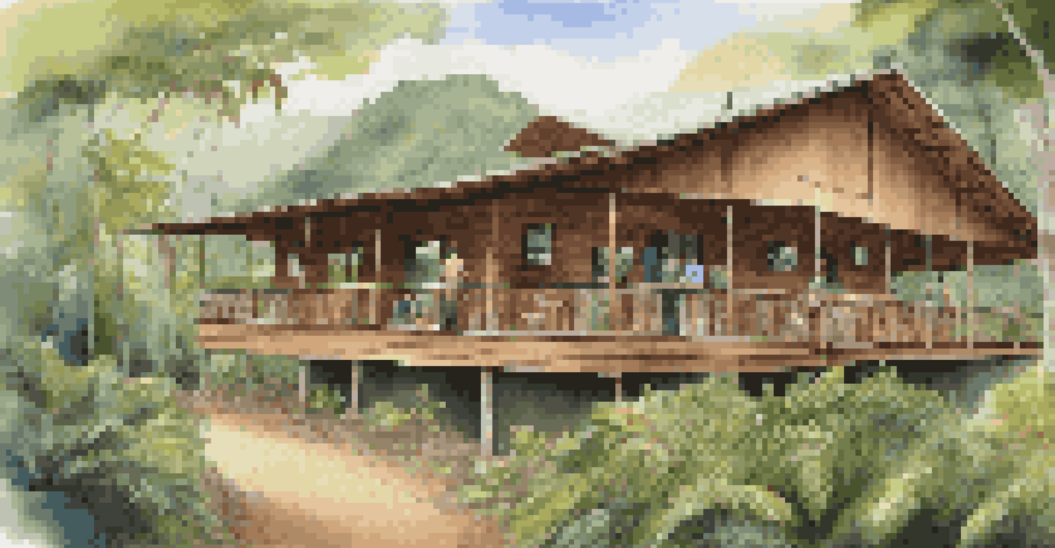 Eco-friendly lodge in Costa Rica with volunteers involved in wildlife conservation, surrounded by lush rainforests.