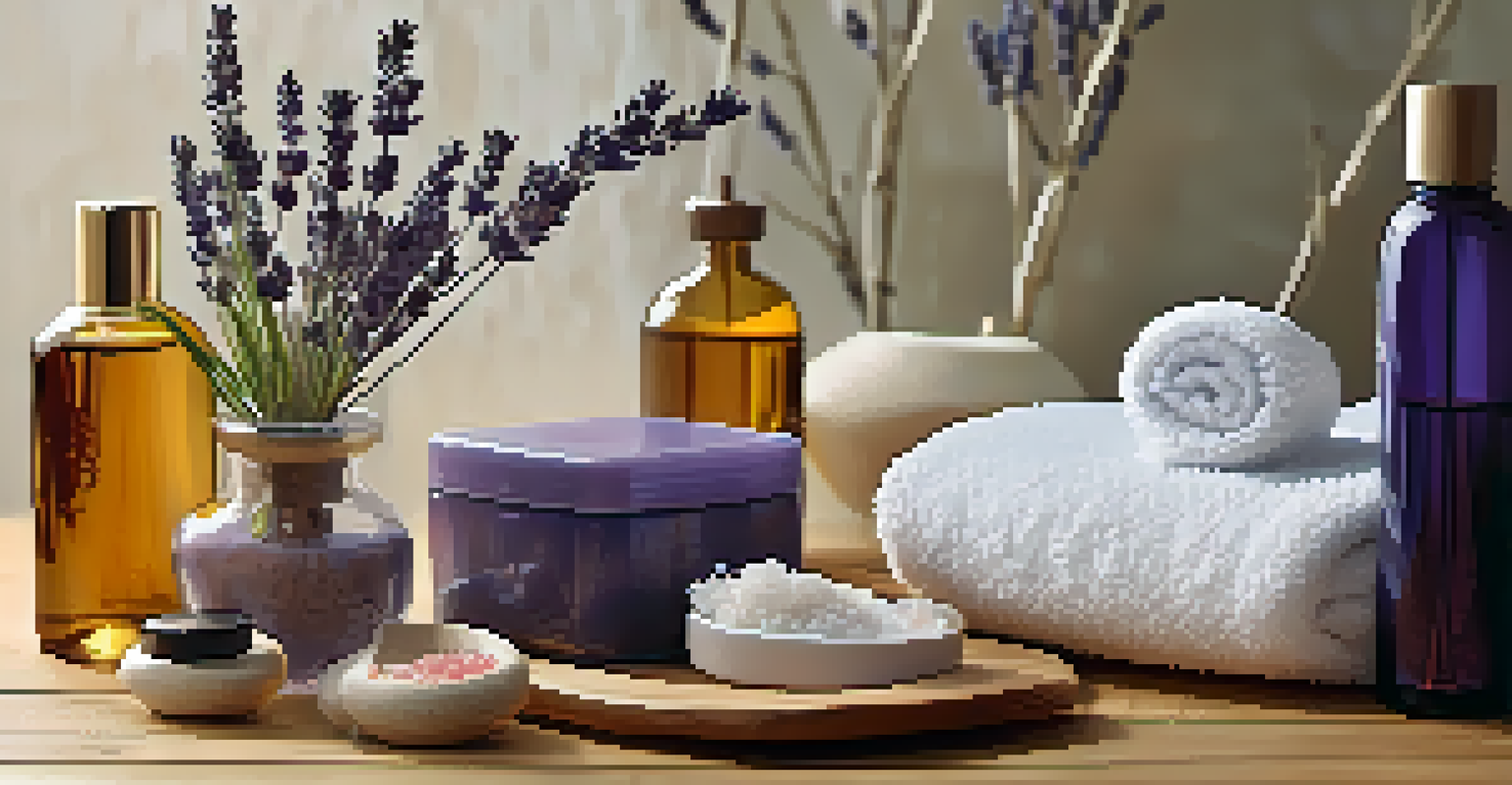 A beautifully arranged collection of luxury bath products with lavender, showcasing their textures and colors.
