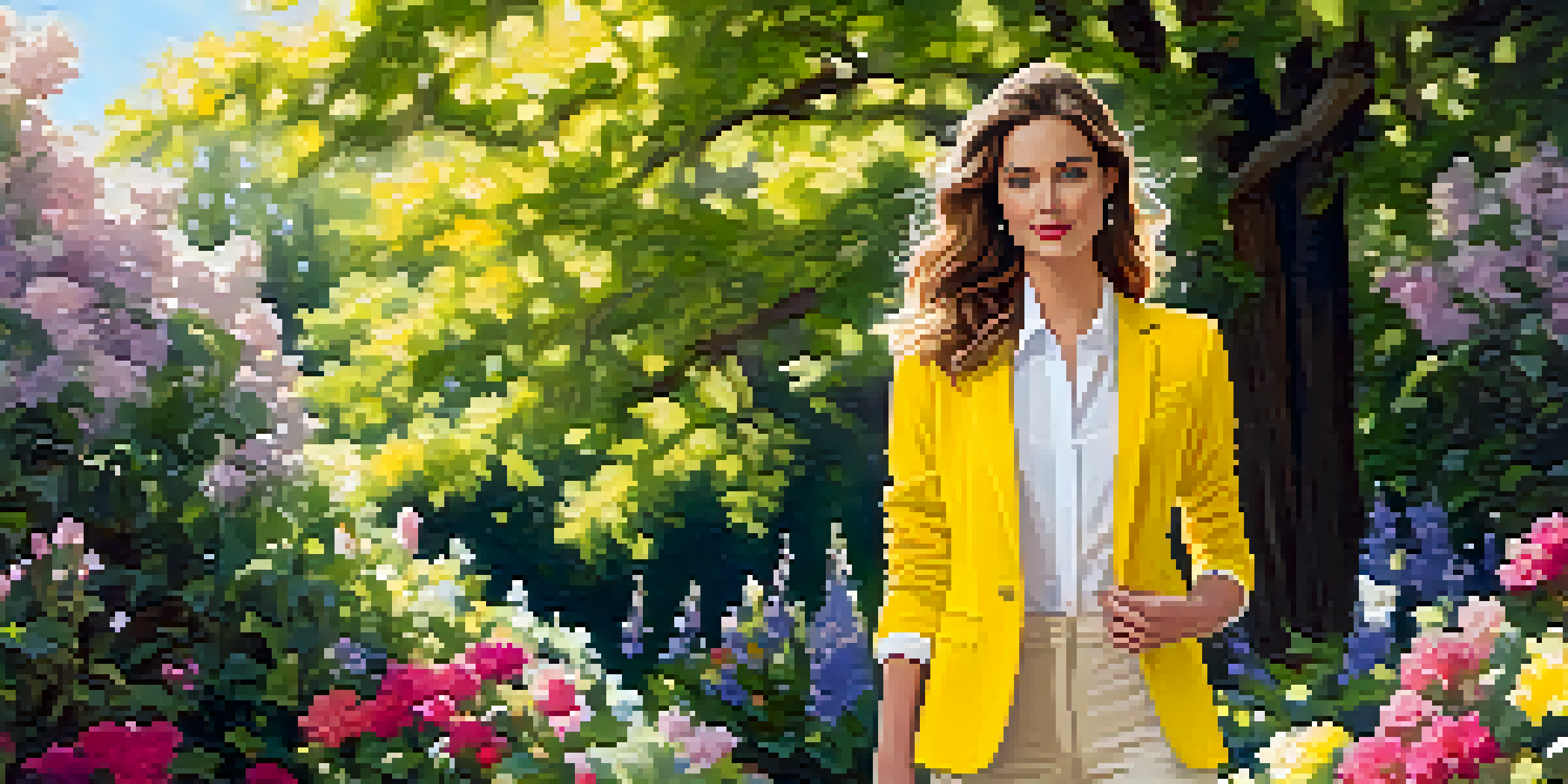 A model in a sunshine yellow blazer and neutral trousers poses in a colorful blooming garden, with sunlight filtering through flowers.