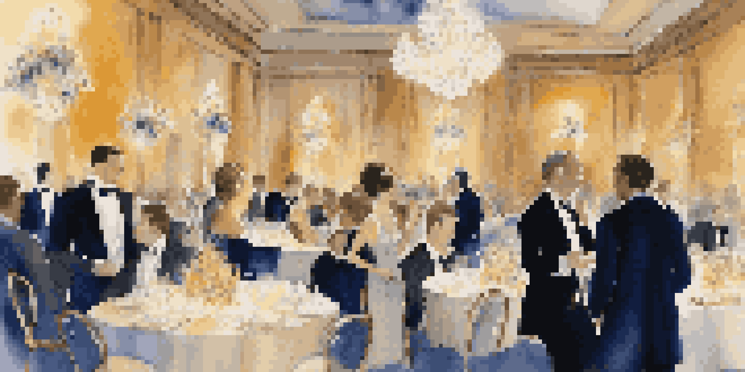 A lavish gala with elegantly dressed guests, soft ambient lighting, and a string quartet, surrounded by floral arrangements in gold and blue colors.