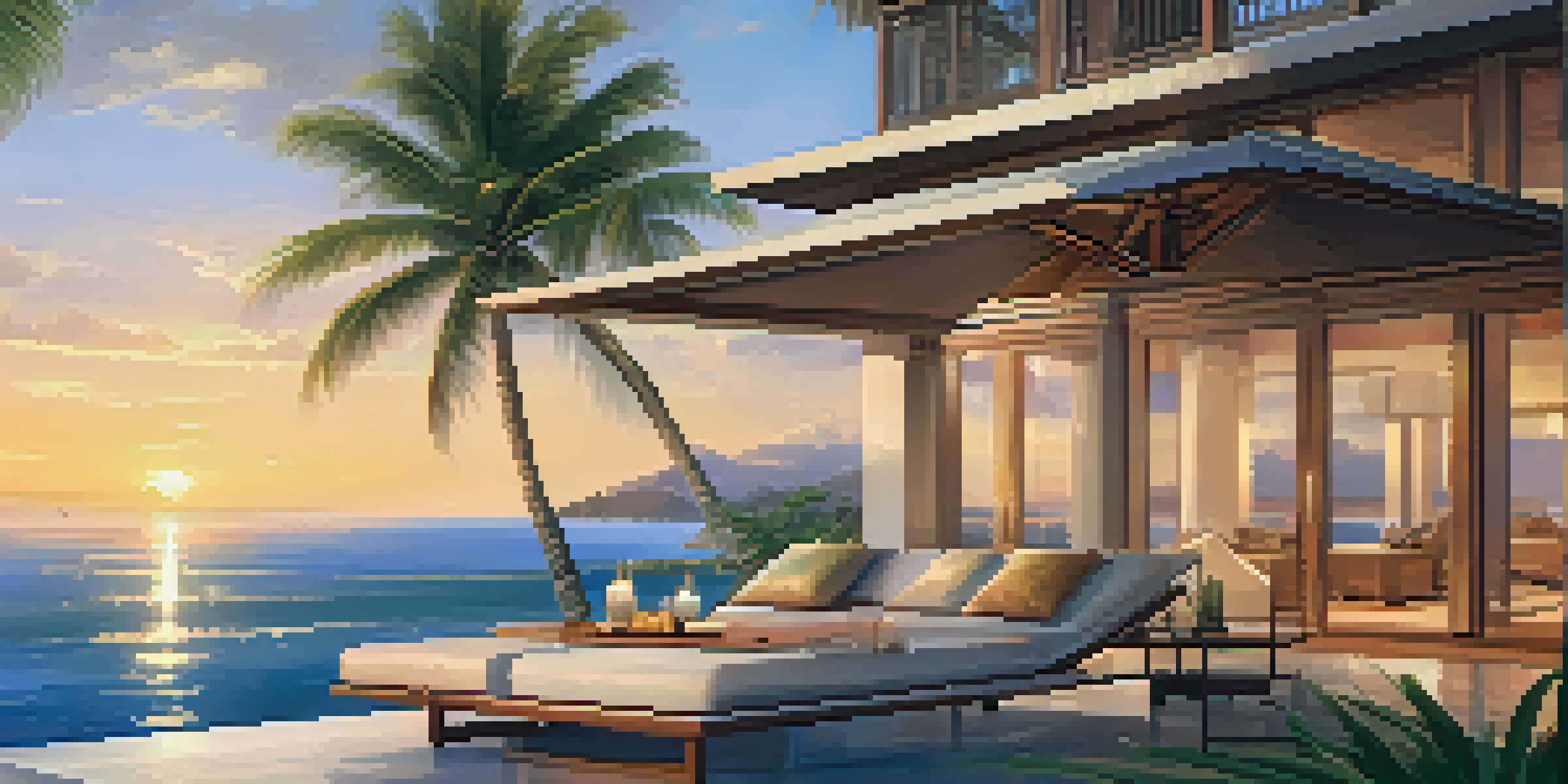 A luxurious beachfront villa with an infinity pool, palm trees, and a stunning sunset over the Pacific Ocean.