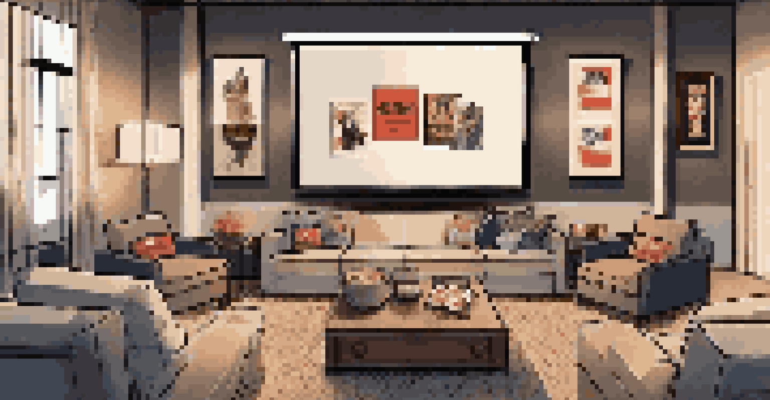 A stylish home theater with movie posters, cozy seating, and a popcorn machine creating an inviting ambiance.