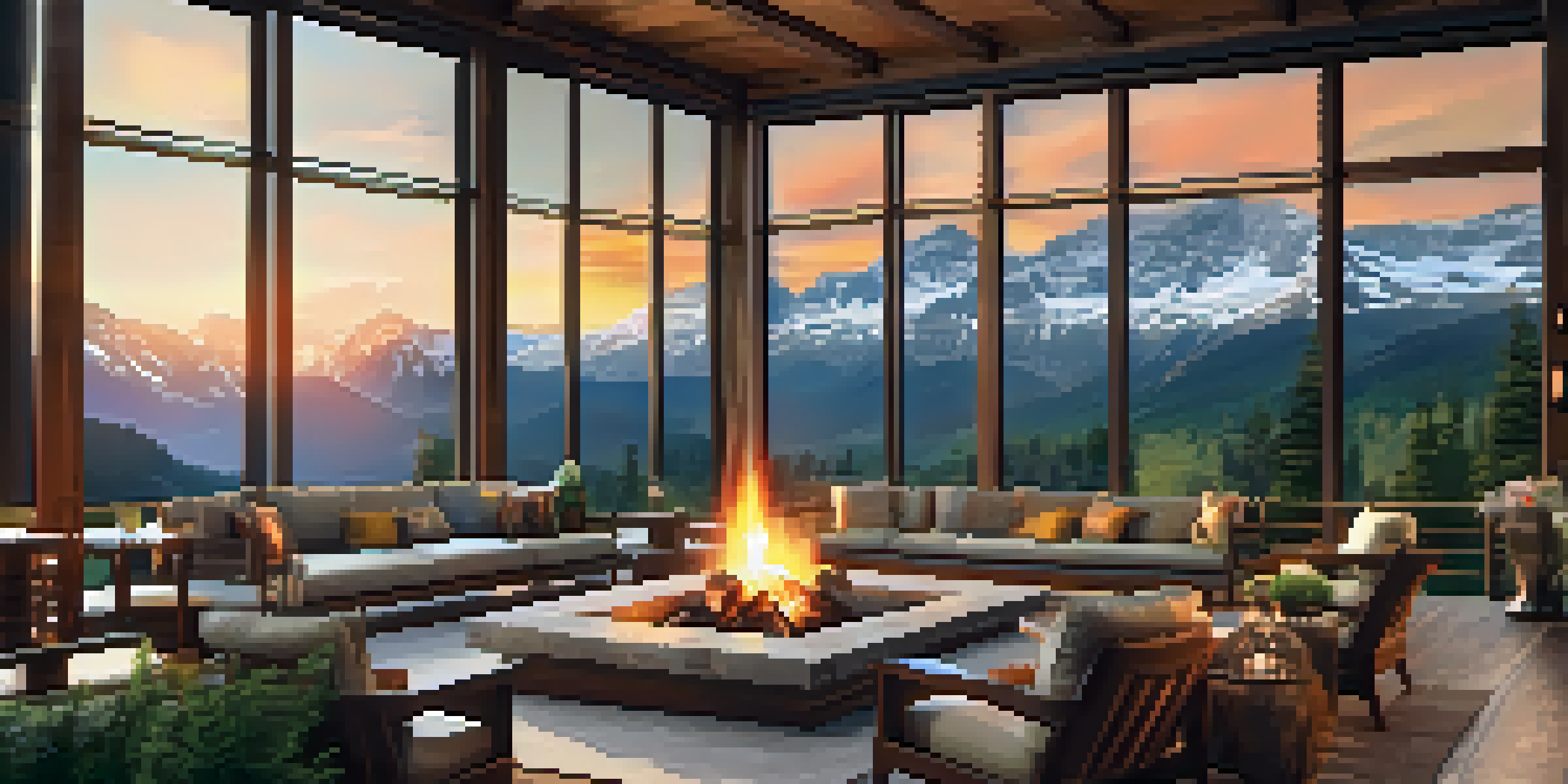 A luxury lodge with glass windows in the mountains at sunset, featuring an outdoor seating area with cushions and a fire pit.