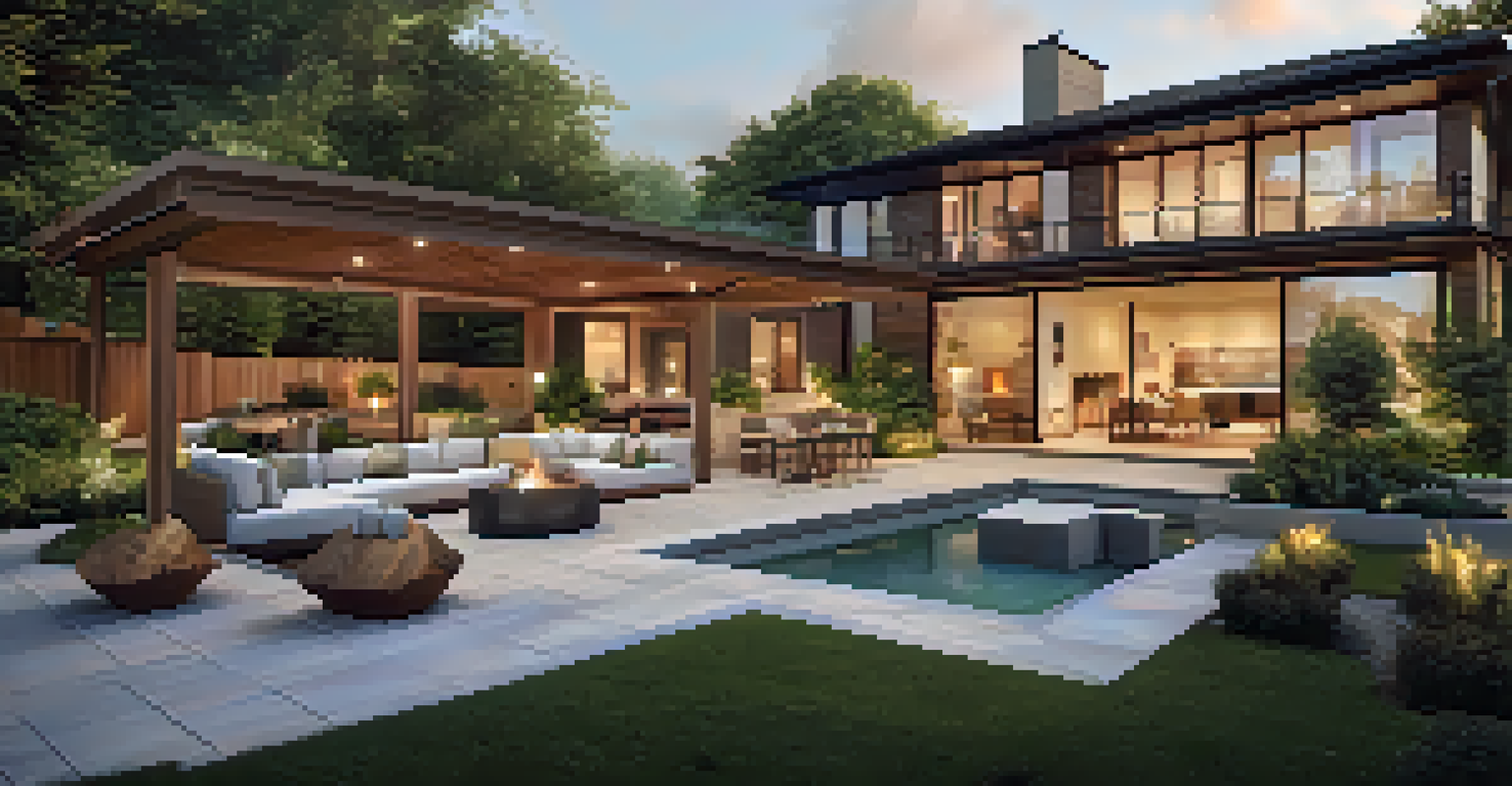 A serene backyard with a patio, energy-efficient lighting, and lush plants, illuminated by the setting sun.