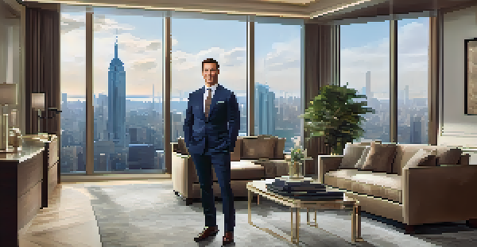 A luxury real estate agent in a stylish office with a city skyline view, dressed in casual attire.