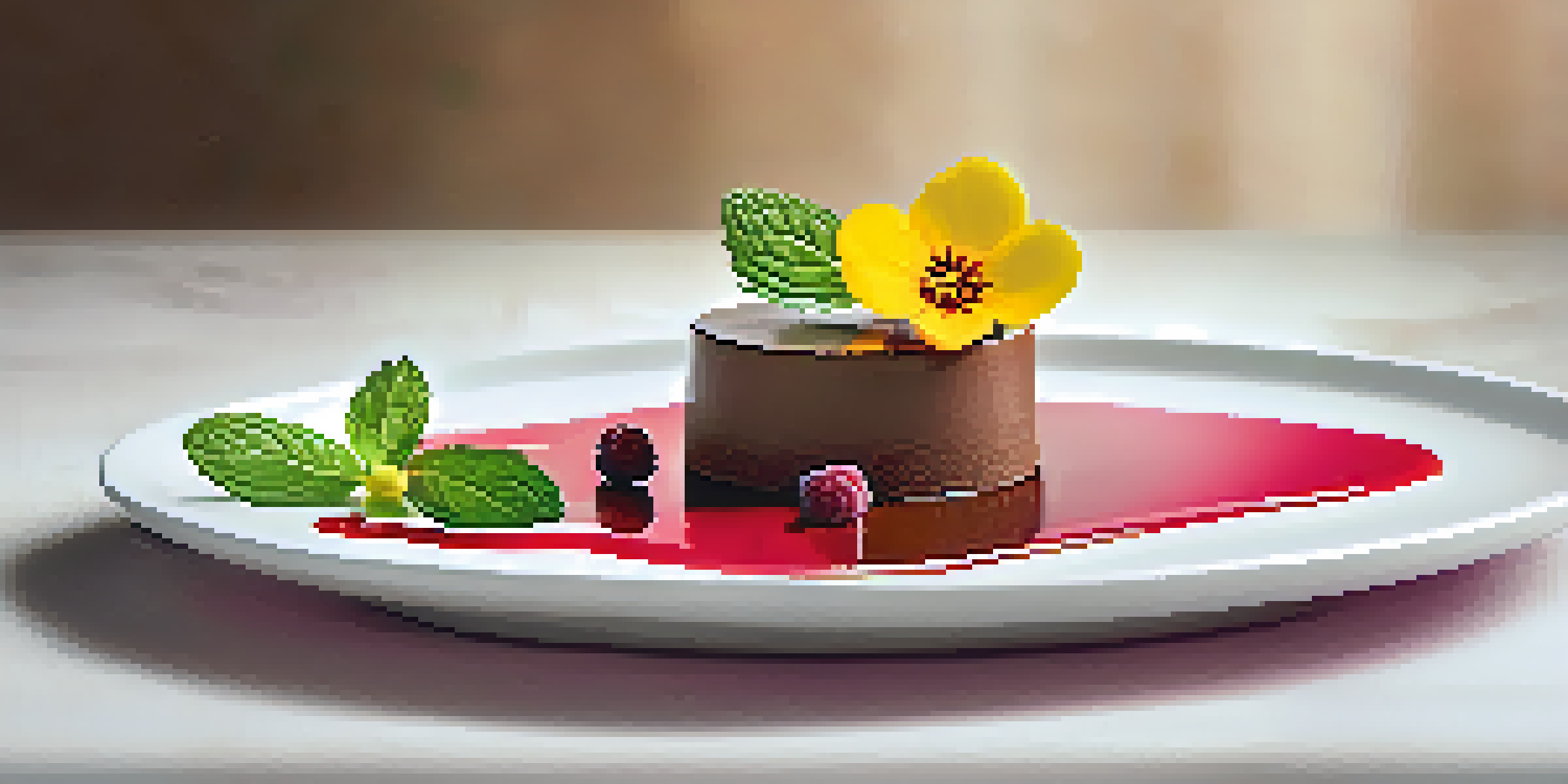 A visually stunning deconstructed chocolate mousse dessert with raspberry coulis, mint leaves, and edible flowers, presented on a plate with a blurred background.