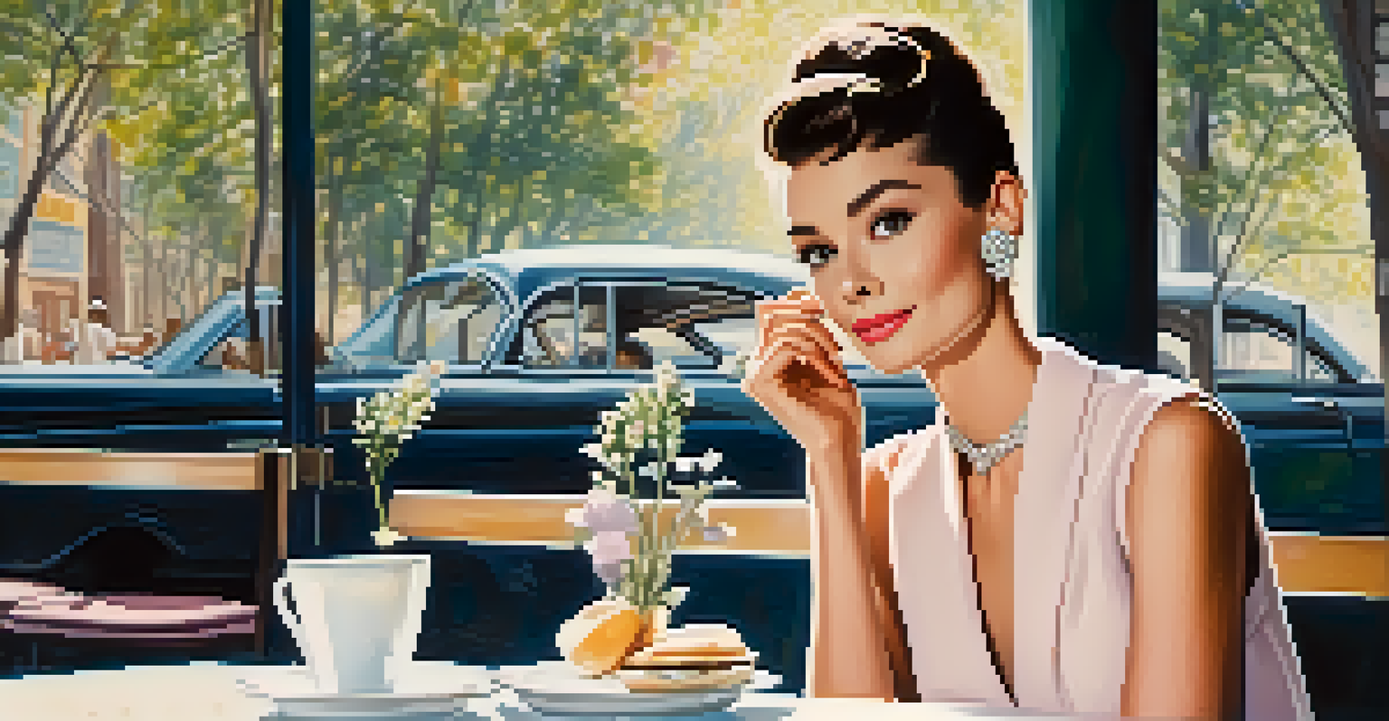 A fashion illustration of a woman resembling Audrey Hepburn sitting at a café table, dressed in a chic outfit, surrounded by a vibrant and sunny atmosphere.