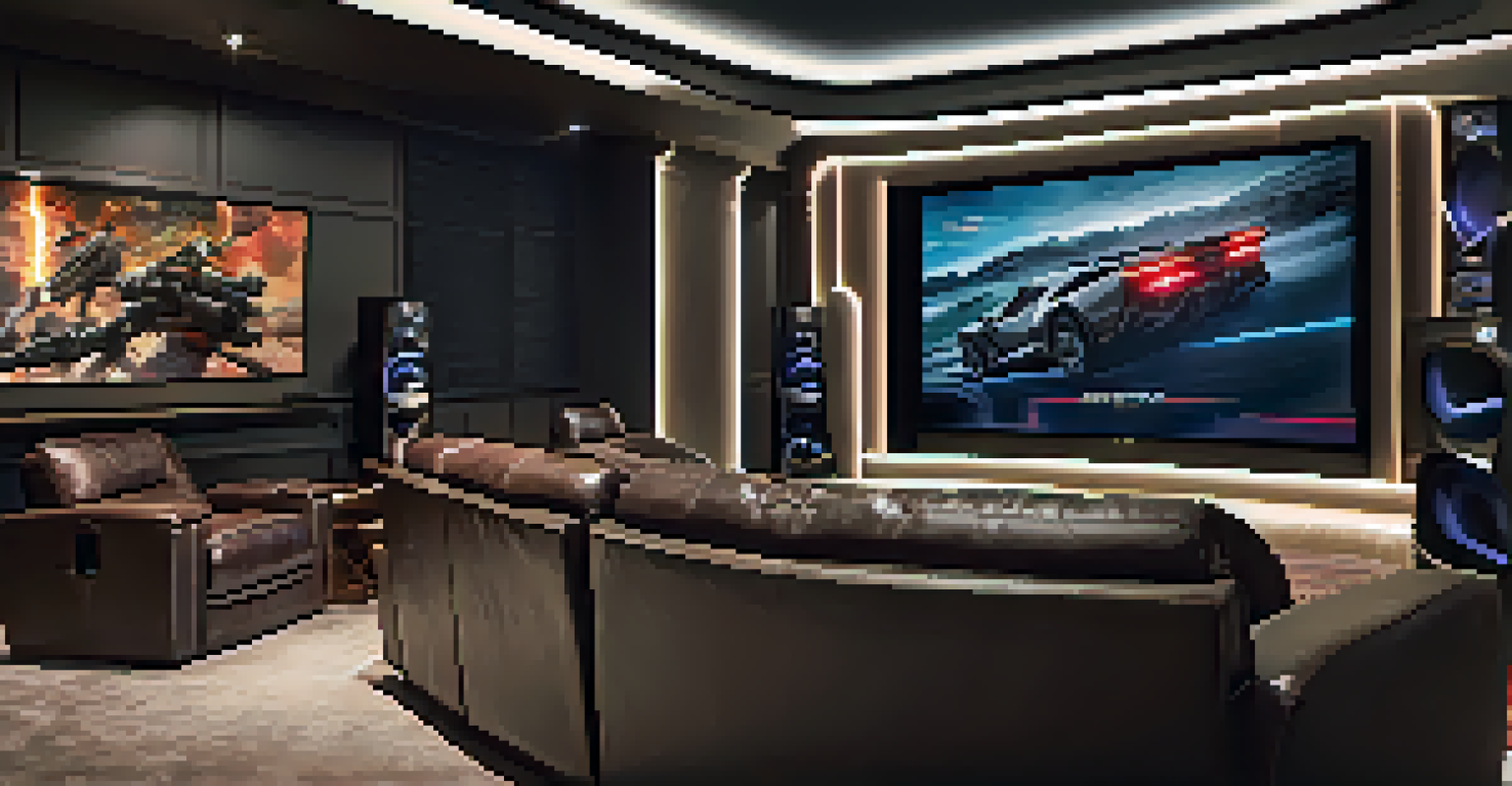 A luxurious home theater designed for gaming, with a curved screen, surround sound, and dynamic lighting for an engaging experience.