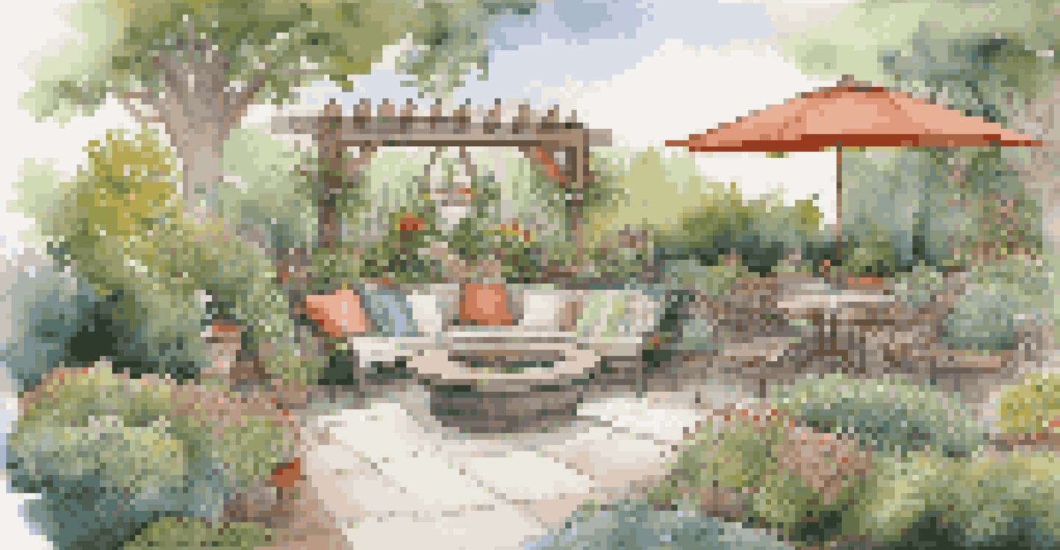 A personalized garden featuring themed decor, custom planters, and seasonal plants, with inviting seating areas and decorative elements.