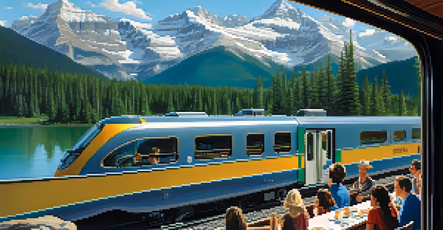 Passengers on a luxury train observation deck enjoying a view of snow-capped mountains and forests.