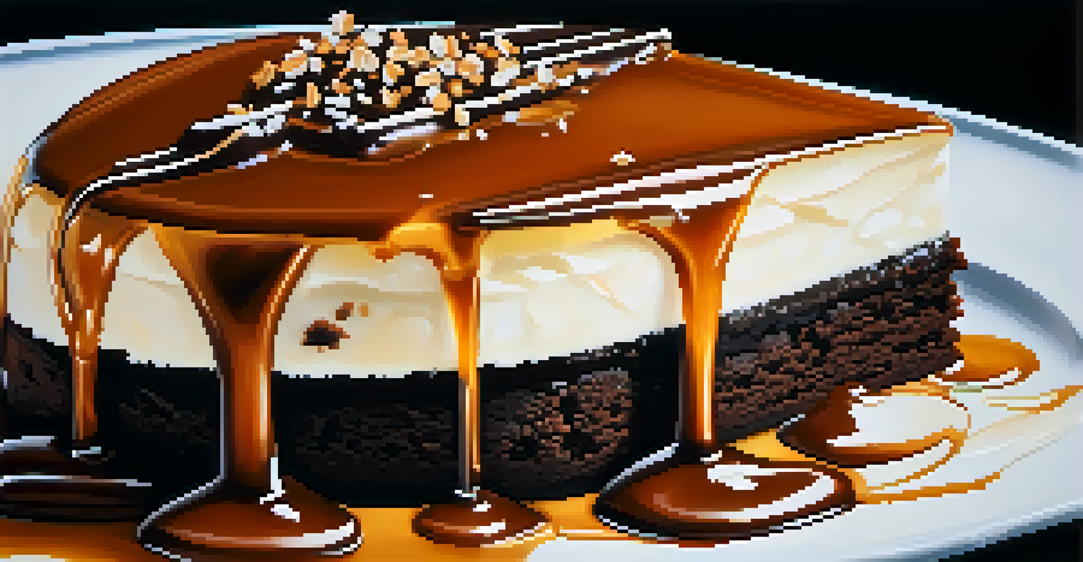 Close-up of a chocolate cake topped with sea salt and caramel sauce against a dark background.