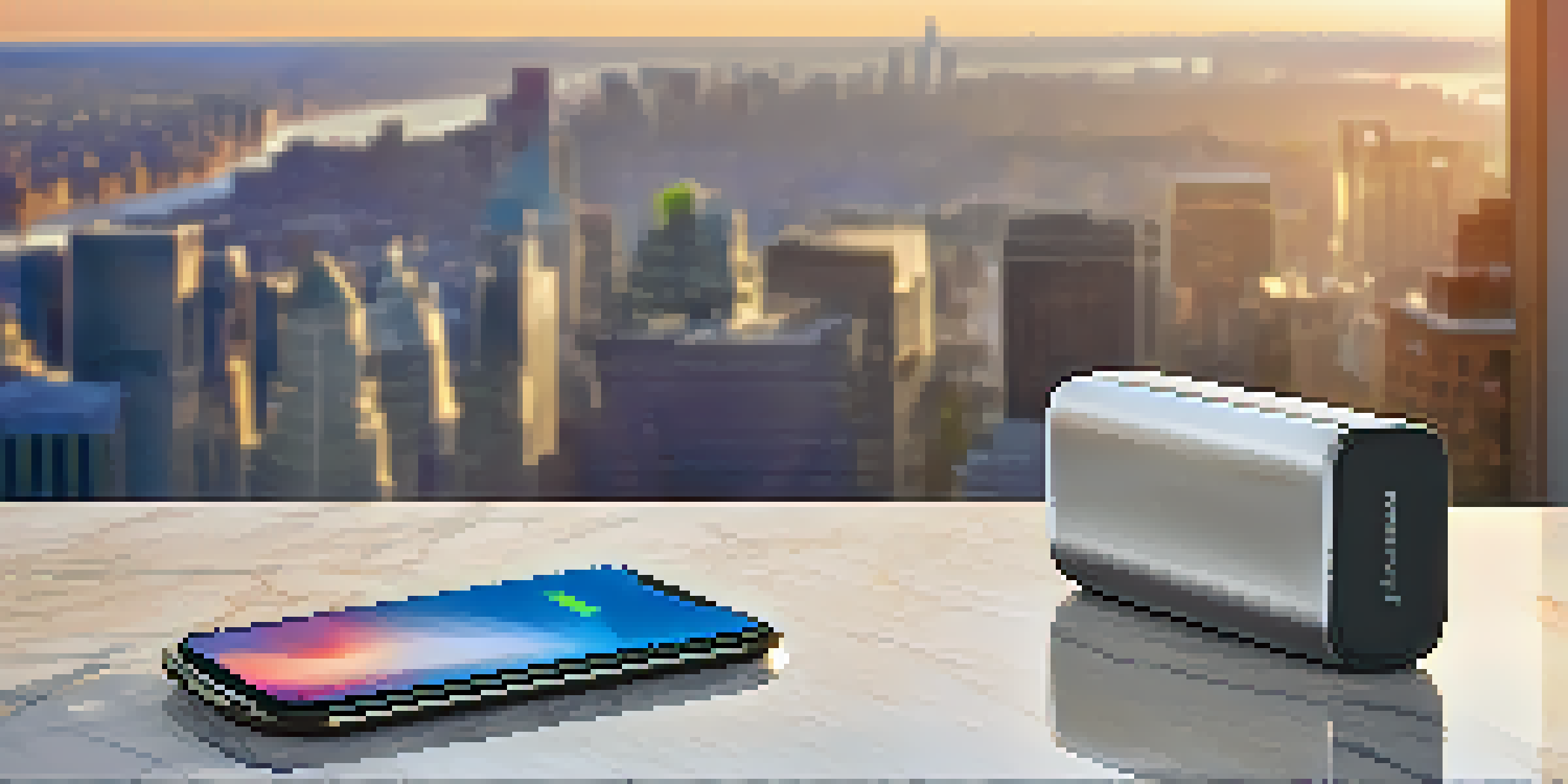 A portable power bank charging a smartphone on a marble table with a city skyline in the background during sunset.