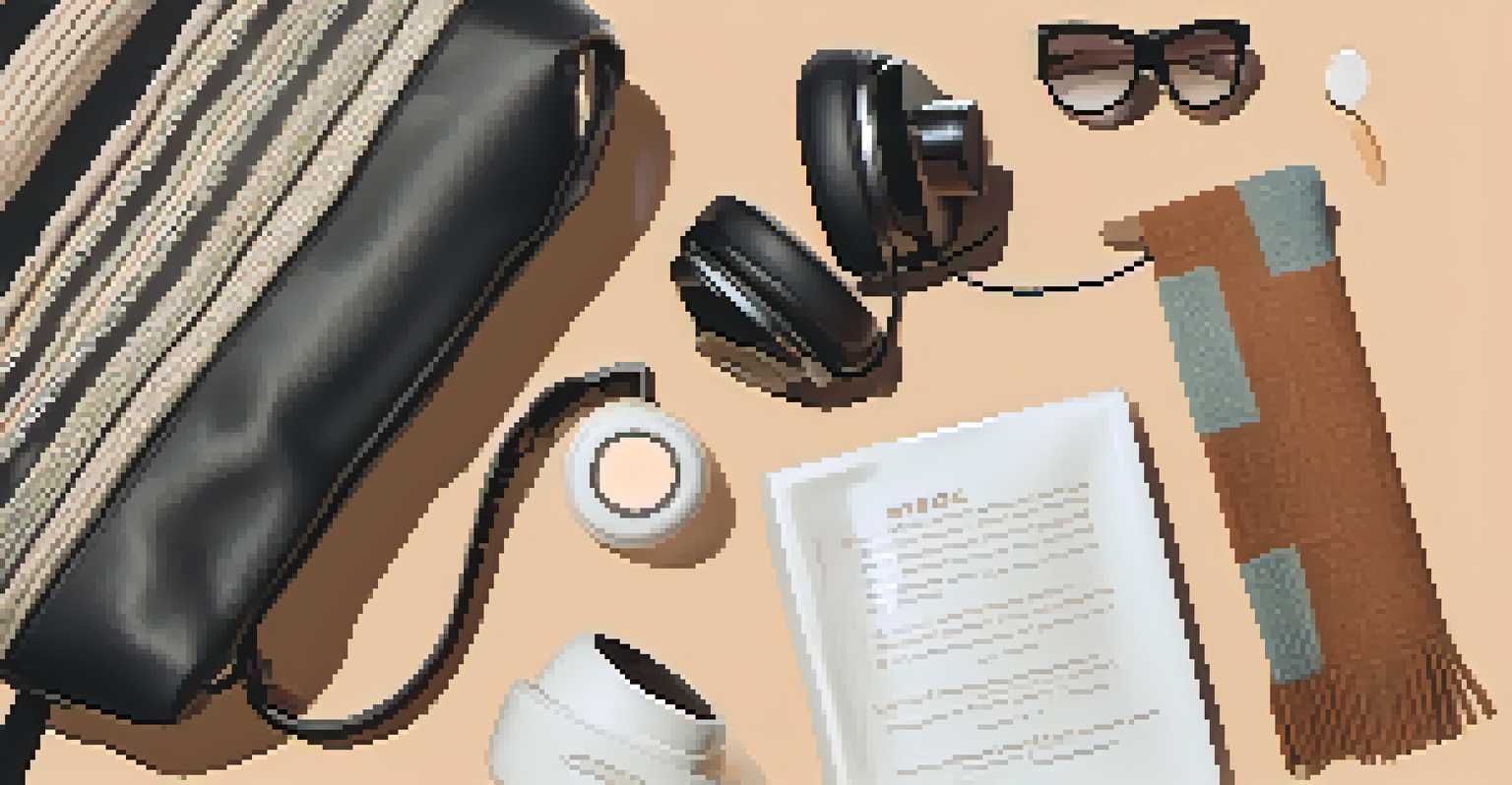 Noise-canceling headphones on a travel bag, surrounded by a scarf and skincare items, in a softly lit café setting.