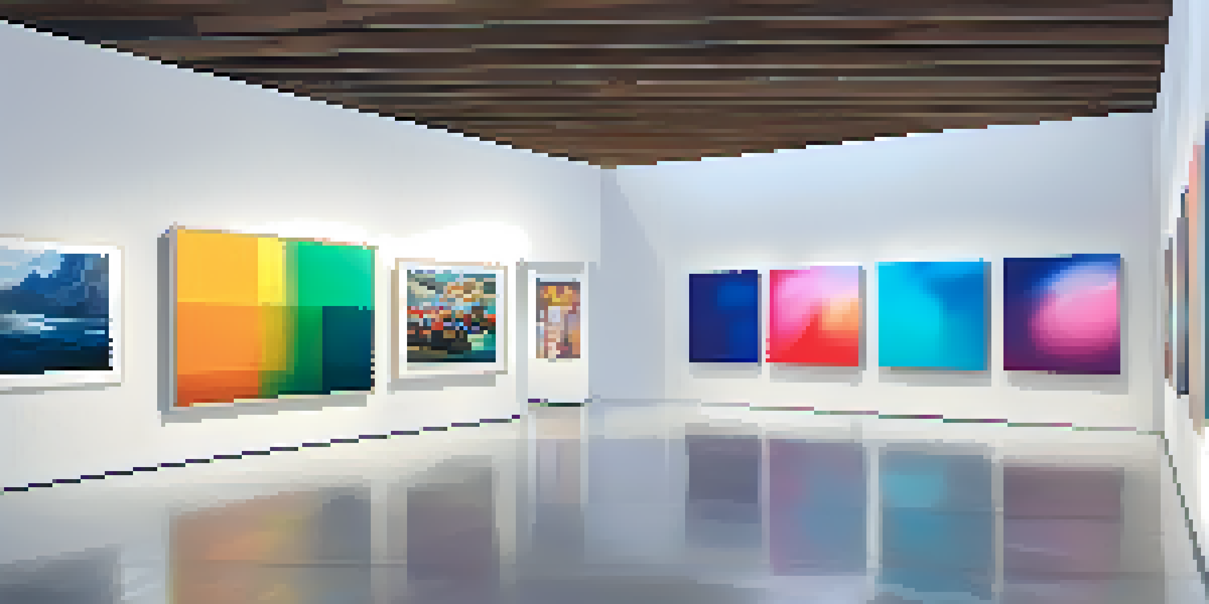 A modern virtual art gallery filled with colorful paintings and digital displays, with visitors engaging with the art.
