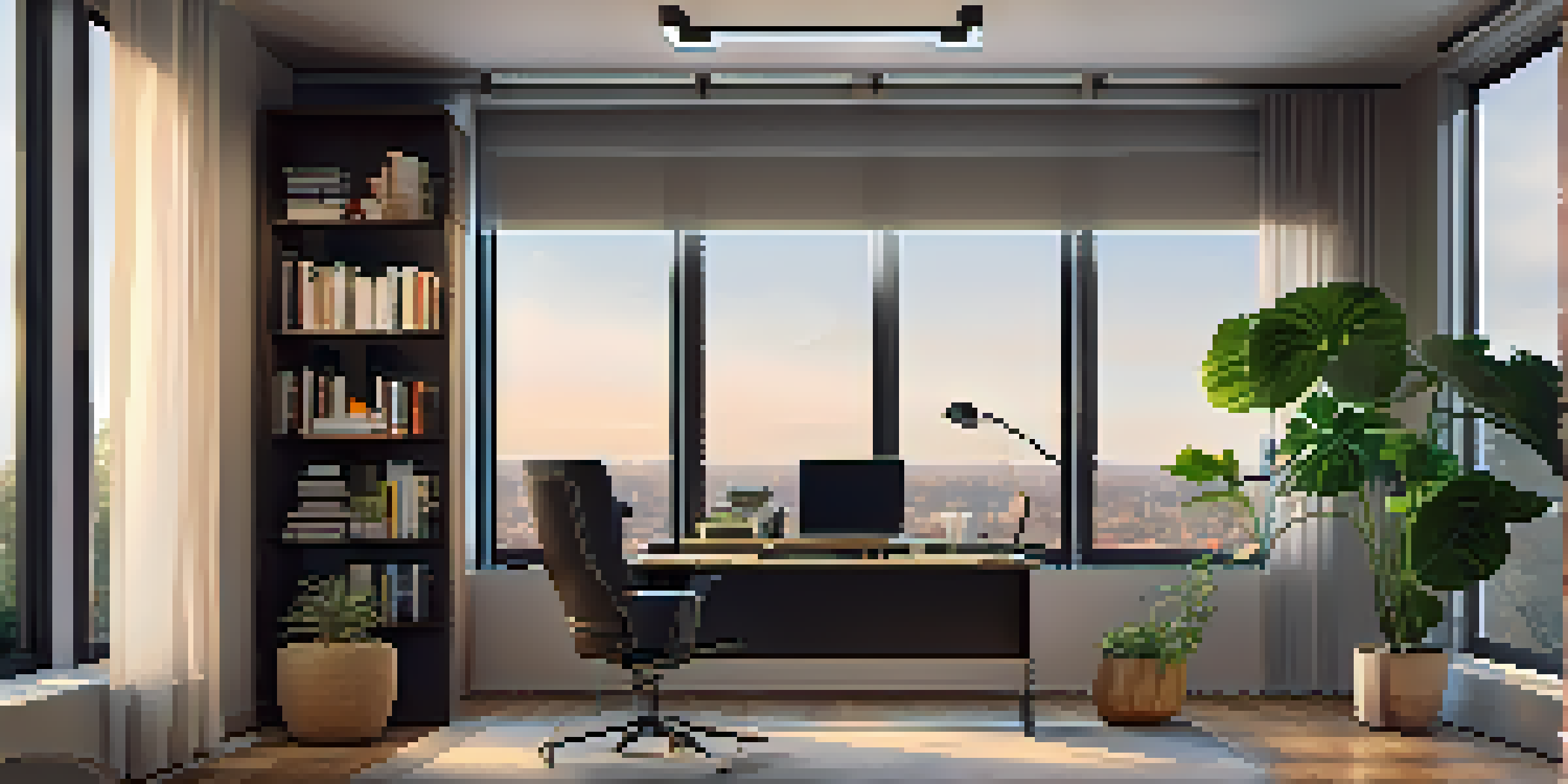 A modern home office with a sleek desk, a smart lamp, and ambient lighting, showcasing bright colors and natural light.