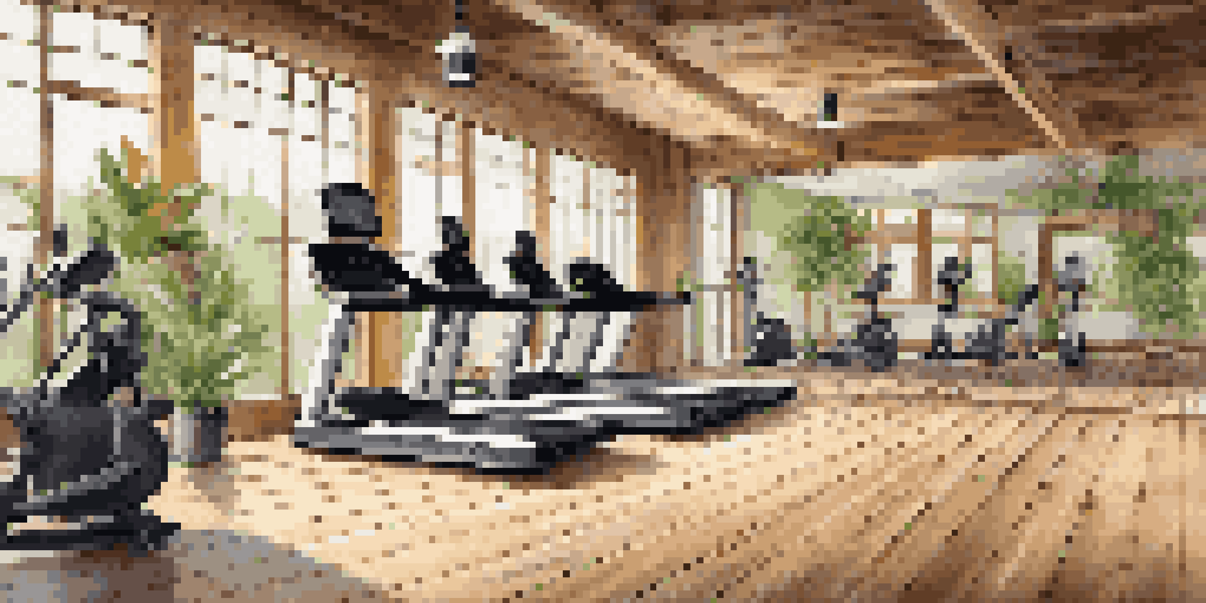 An eco-friendly gym with sustainable materials and warm lighting, featuring plants and modern fitness equipment.