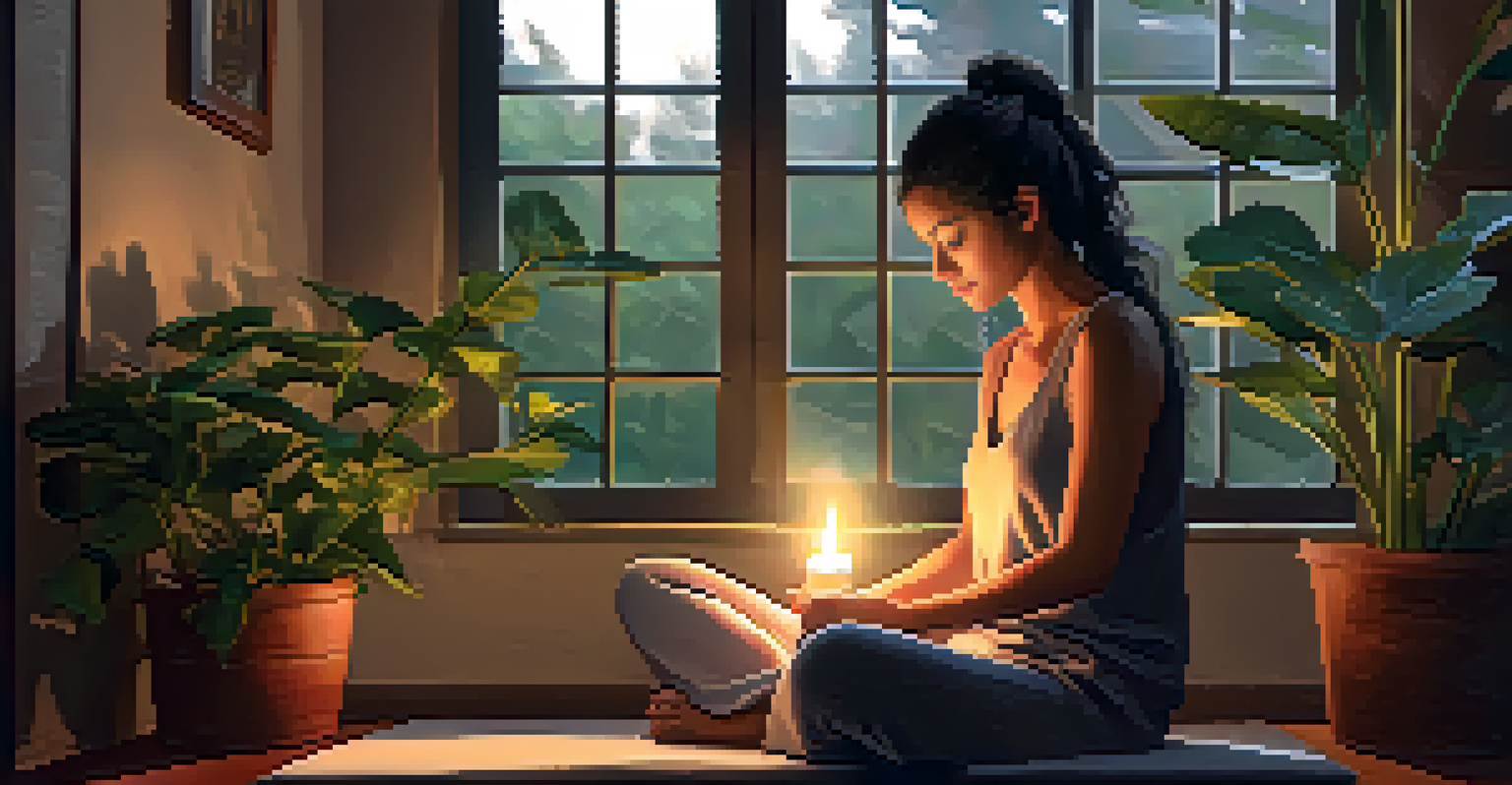 A person practicing mindful breathing in a cozy corner with plants and candlelight.