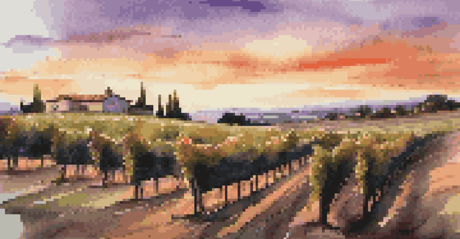 A vineyard at sunset with rows of grapevines and a wine glass on a barrel, evoking a sense of luxury.