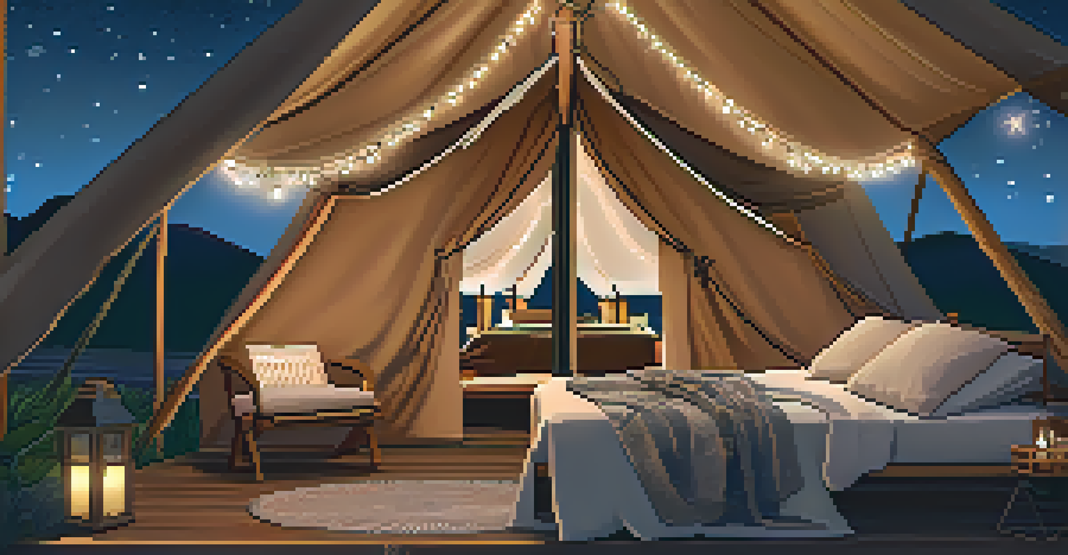 The cozy interior of a glamping tent with luxurious bedding and soft lantern light, set in a starry night backdrop.