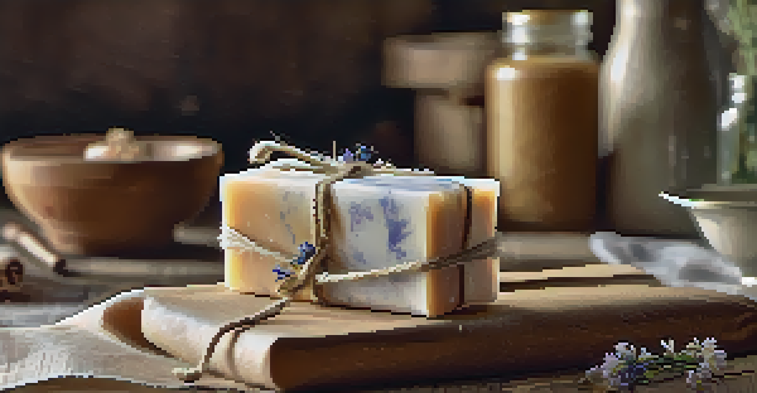 A close-up of a hand wrapping homemade soap in wax paper with twine, set against a rustic kitchen background.
