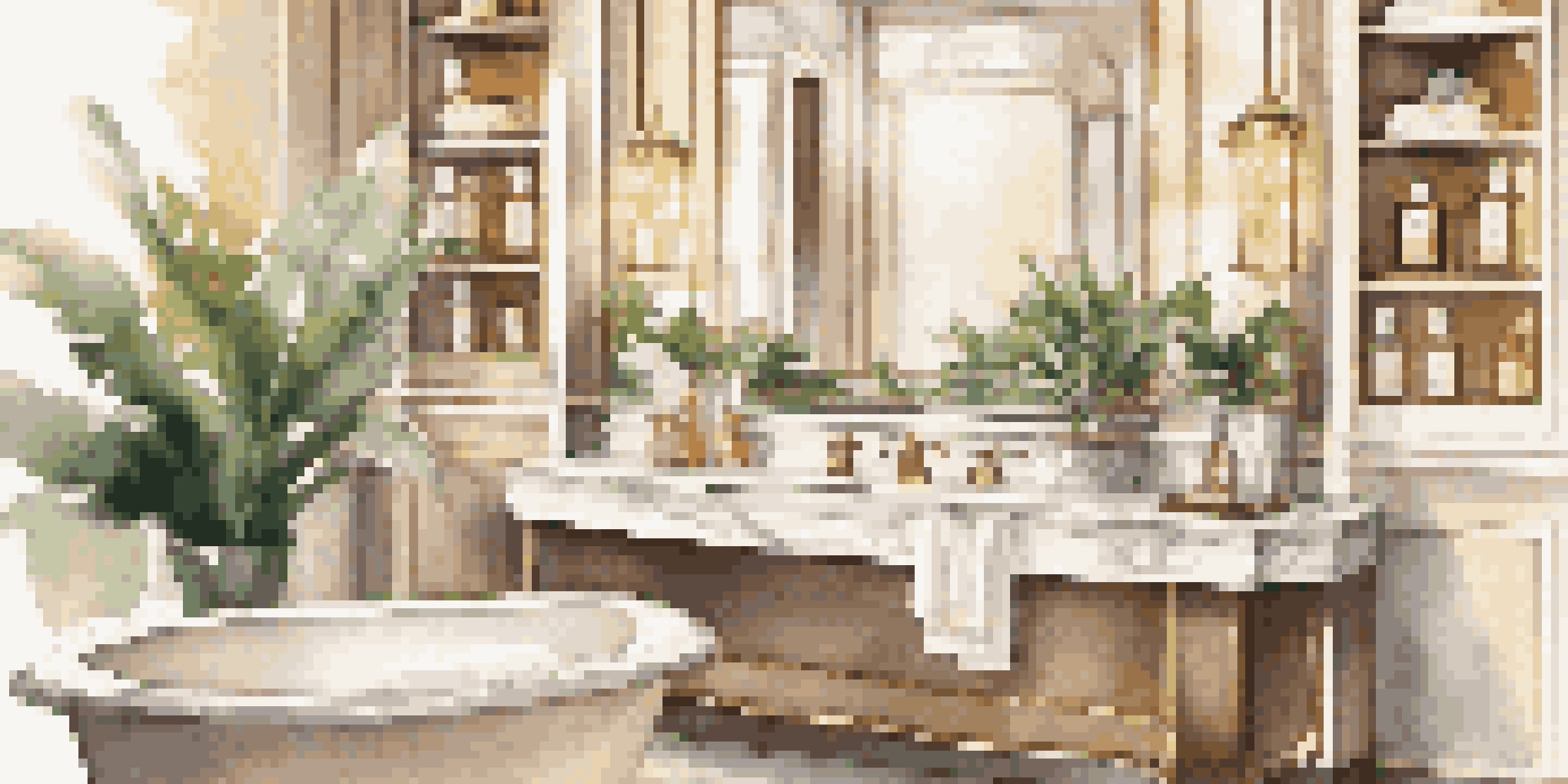 A luxurious bathroom with a marble countertop displaying high-end tanning products, softly lit with warm lighting and potted plants in the background.