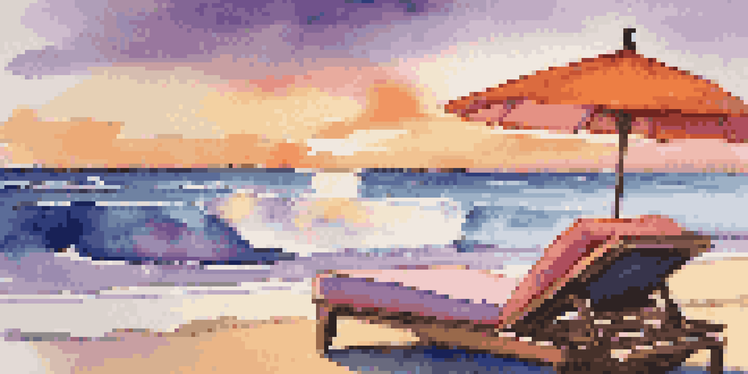 A peaceful beach at sunset with a luxurious lounge chair and a tropical drink on a table.