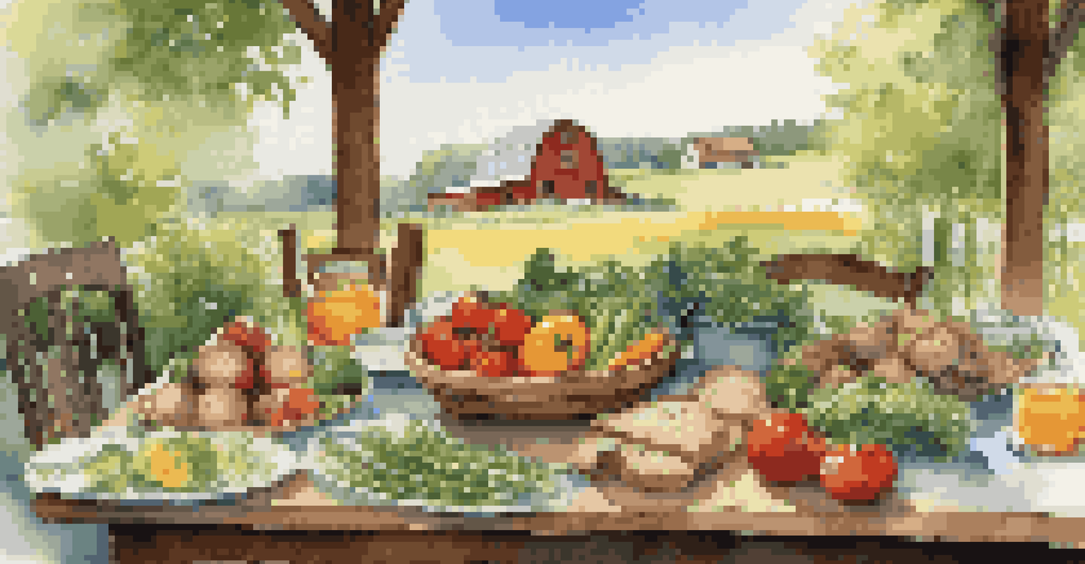 A rustic outdoor dining setup with fresh vegetables and a plated dish on a wooden table.