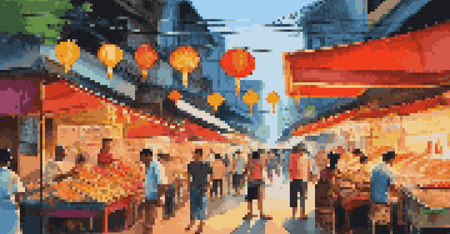 A bustling street food market in Bangkok, filled with colorful stalls and vendors serving local dishes to enthusiastic customers.