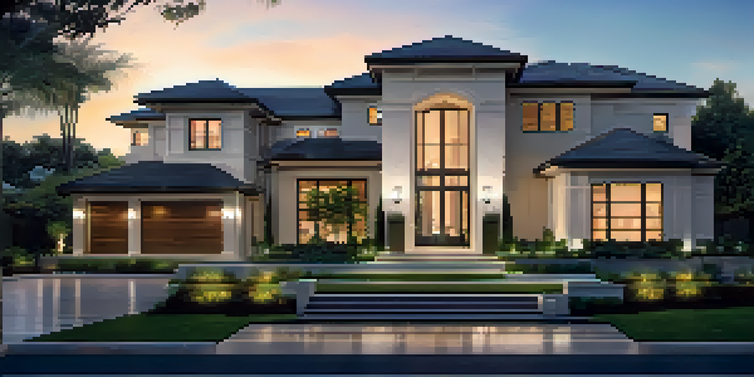 A luxurious home with high-definition cameras installed on the exterior, surrounded by beautiful landscaping and warm evening lighting.