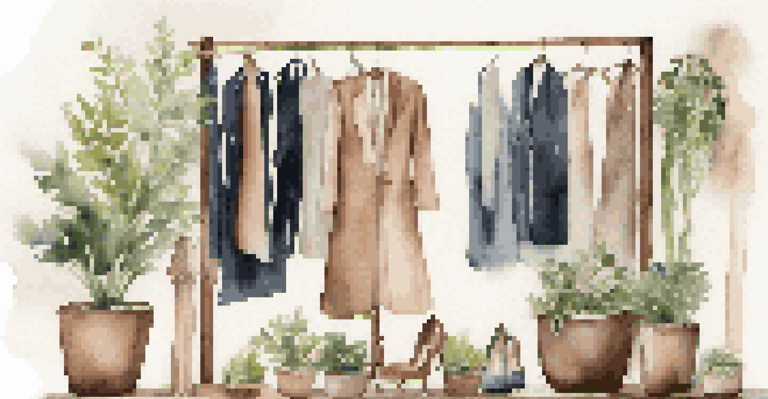 A wardrobe display showcasing sustainable fashion items made from organic fabrics in a stylish setting.