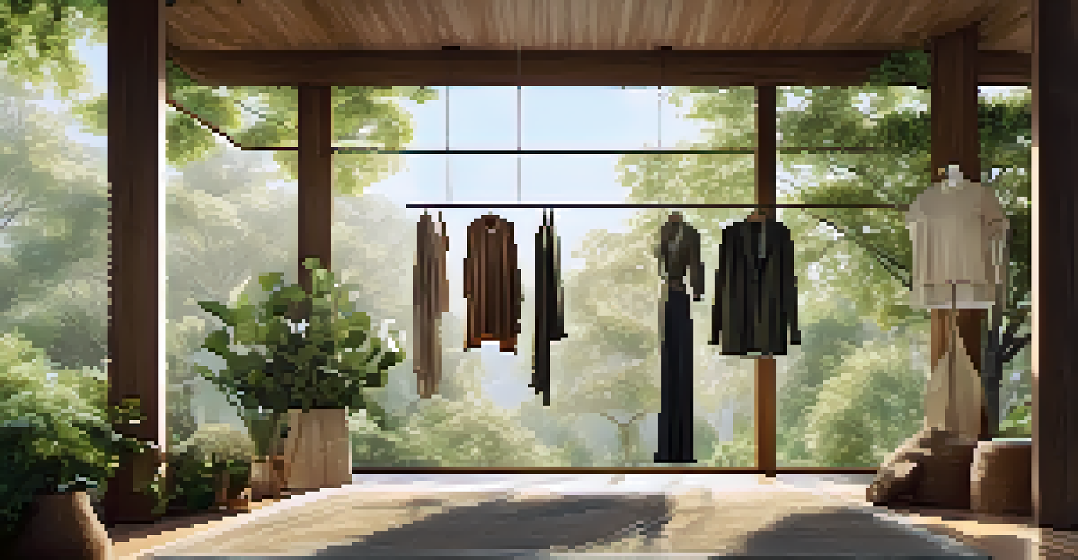 Eco-friendly fashion collection displayed in a natural setting with sunlight filtering through trees, showcasing earthy tones.