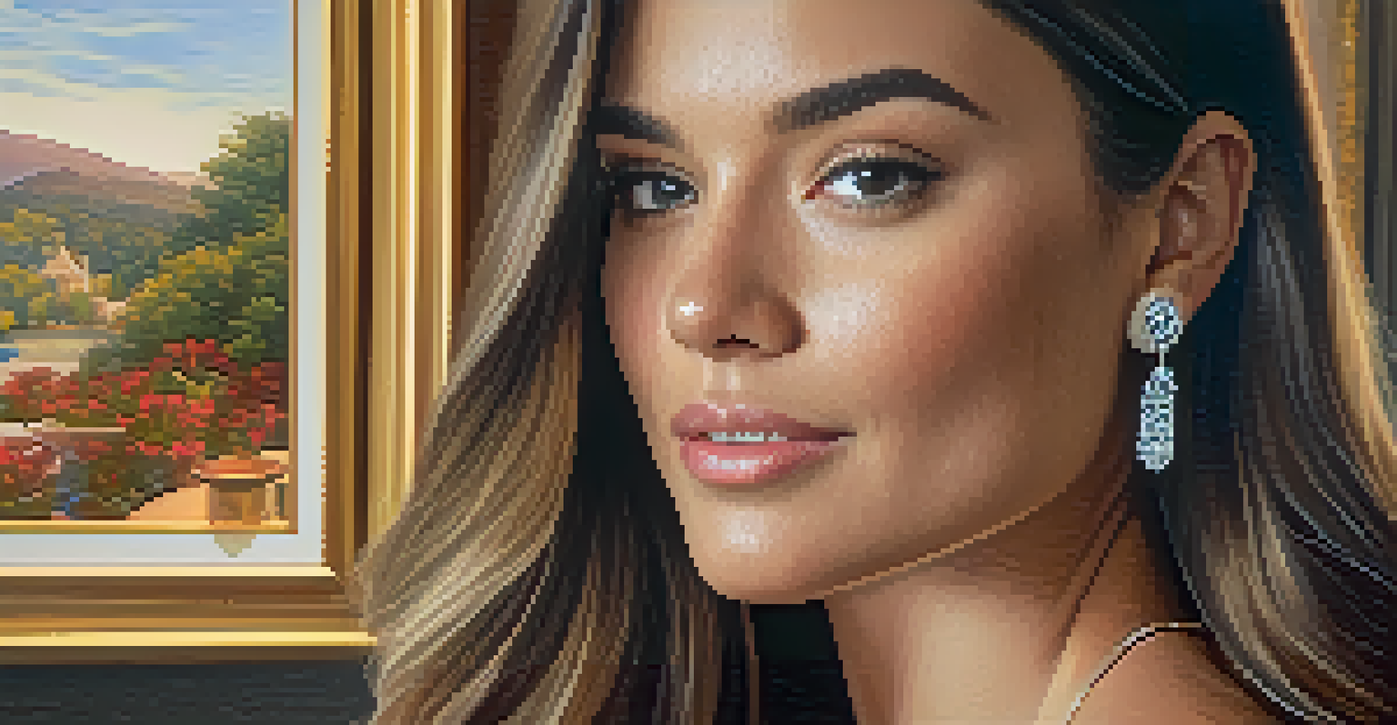 A close-up portrait of an influencer live streaming, surrounded by luxurious home décor and warm lighting, showcasing an engaging atmosphere.