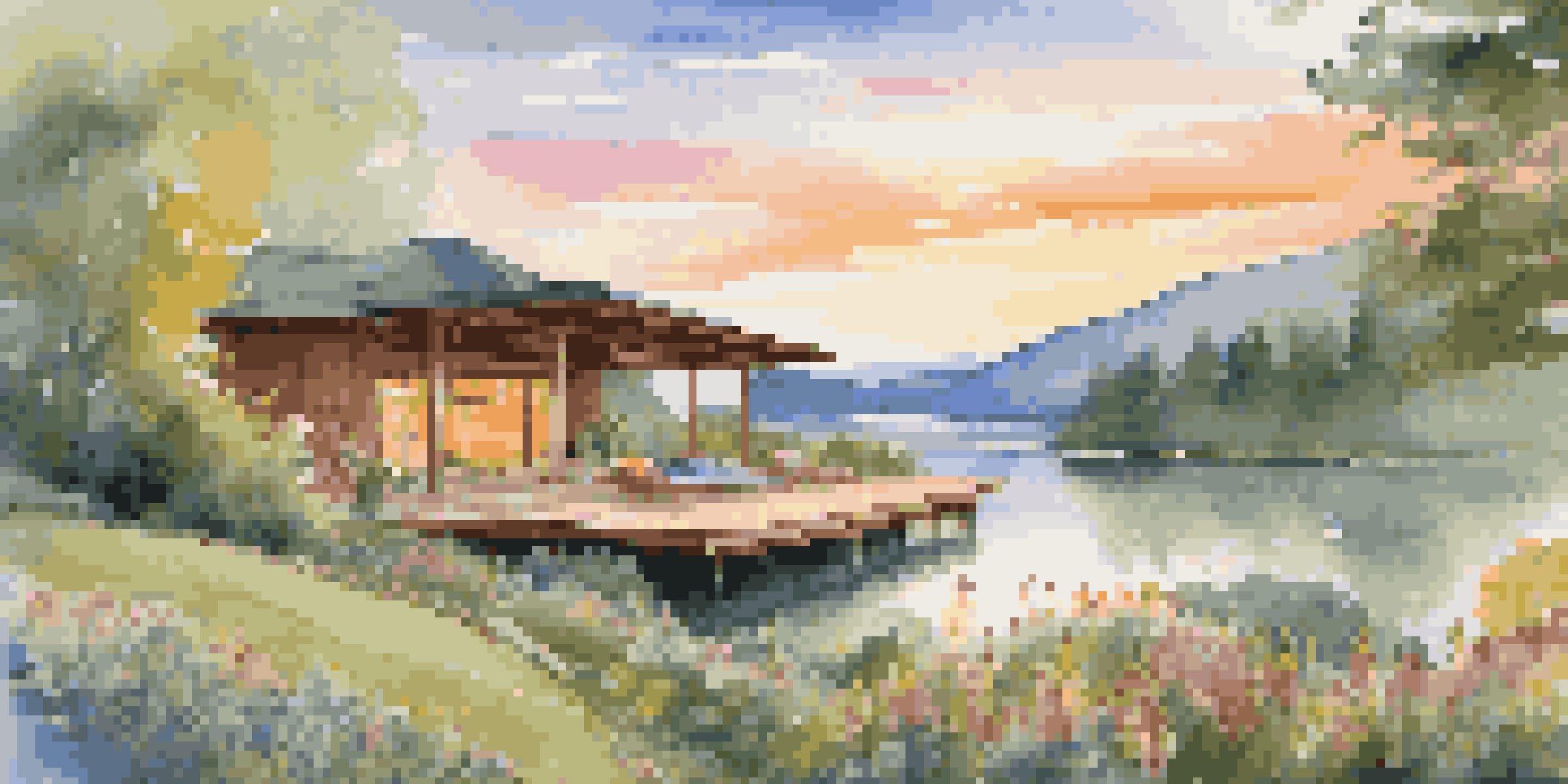 A peaceful wellness retreat in the mountains with guests practicing yoga and enjoying a healthy breakfast.