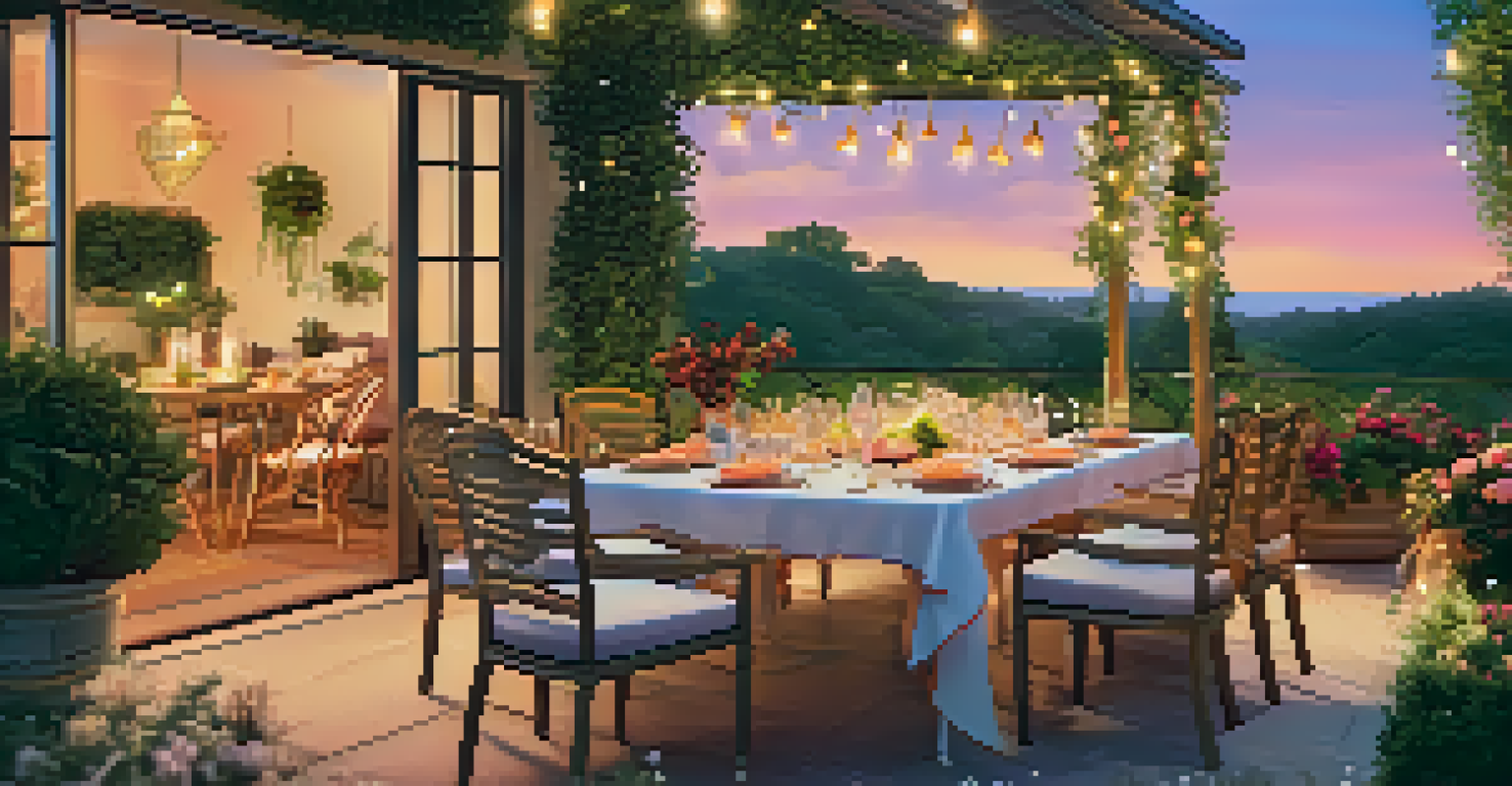 An upscale outdoor patio set for a summer gathering with a dining table, vibrant cushions, and fairy lights against a sunset backdrop.