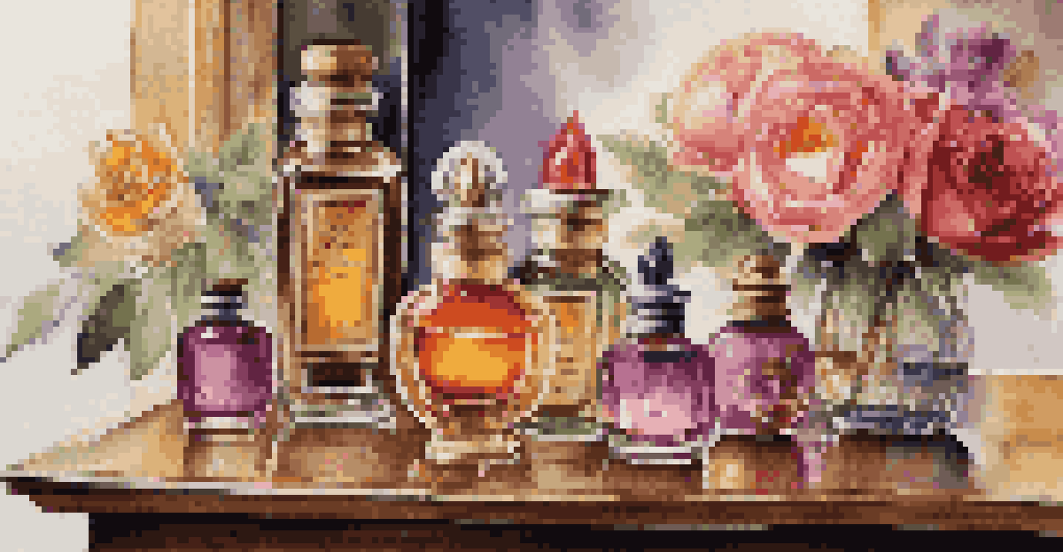 A beautifully arranged collection of colorful luxury fragrance oil bottles on a wooden table with candles and flowers.