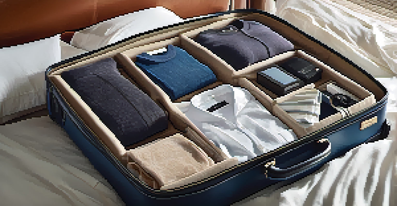 A stylish suitcase neatly packed with travel essentials on a plush hotel bed.