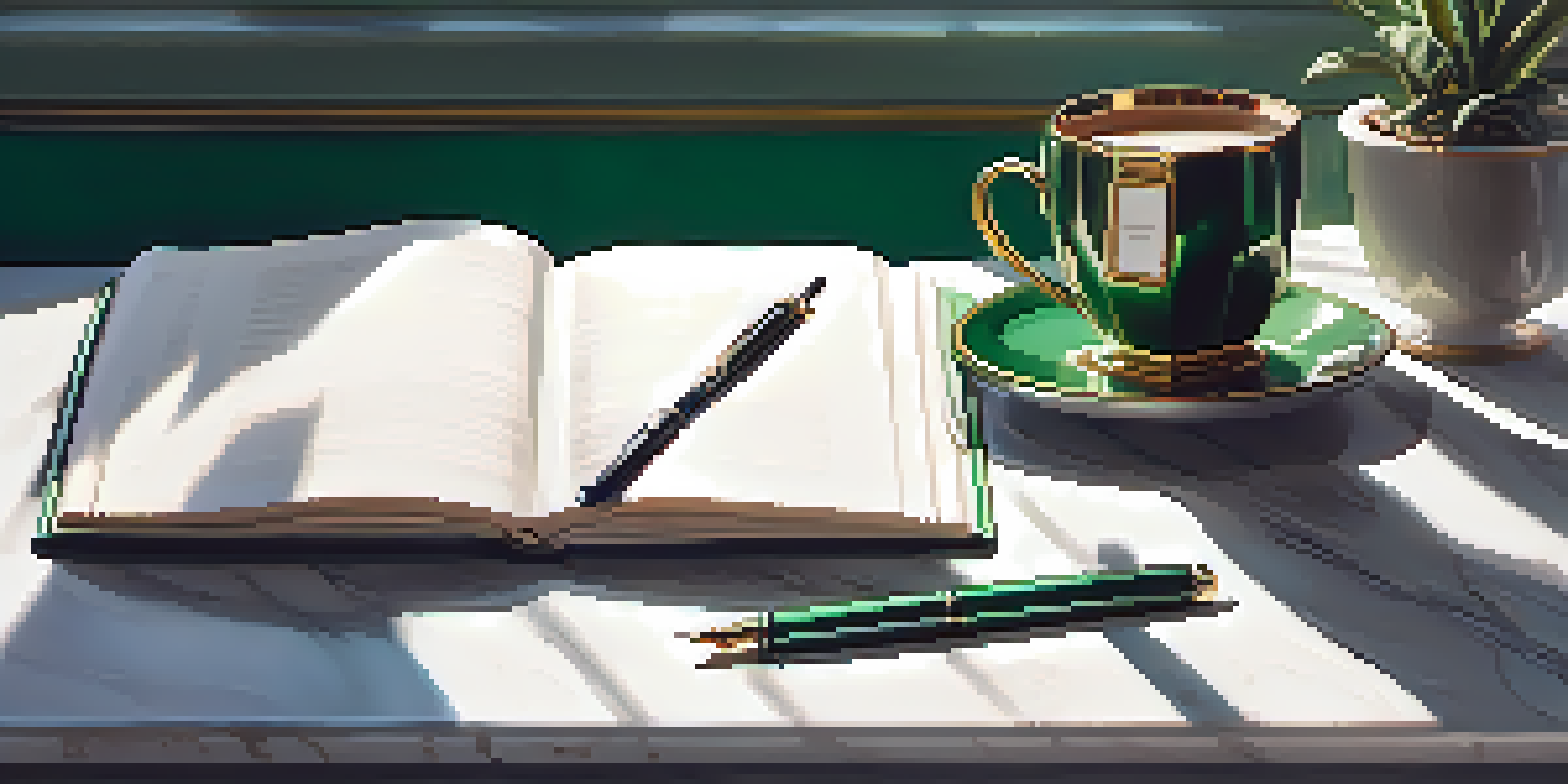 A flat lay of an elegant desk setup with a marble notebook, fountain pen, and cup of coffee on a deep emerald green velvet fabric.