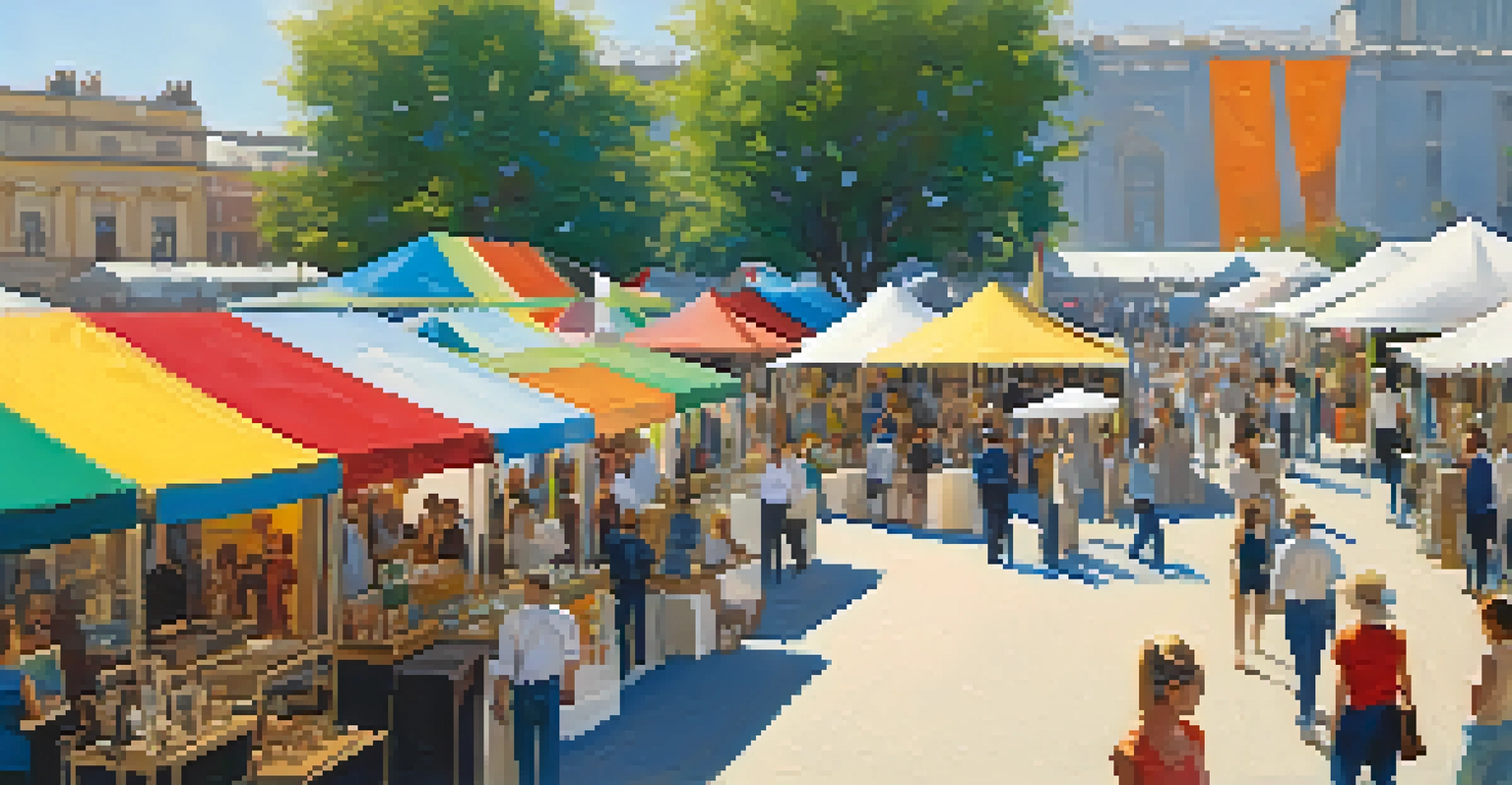An art fair outdoors with colorful tents, visitors exploring artworks, and a stage with live music, creating a festive atmosphere.