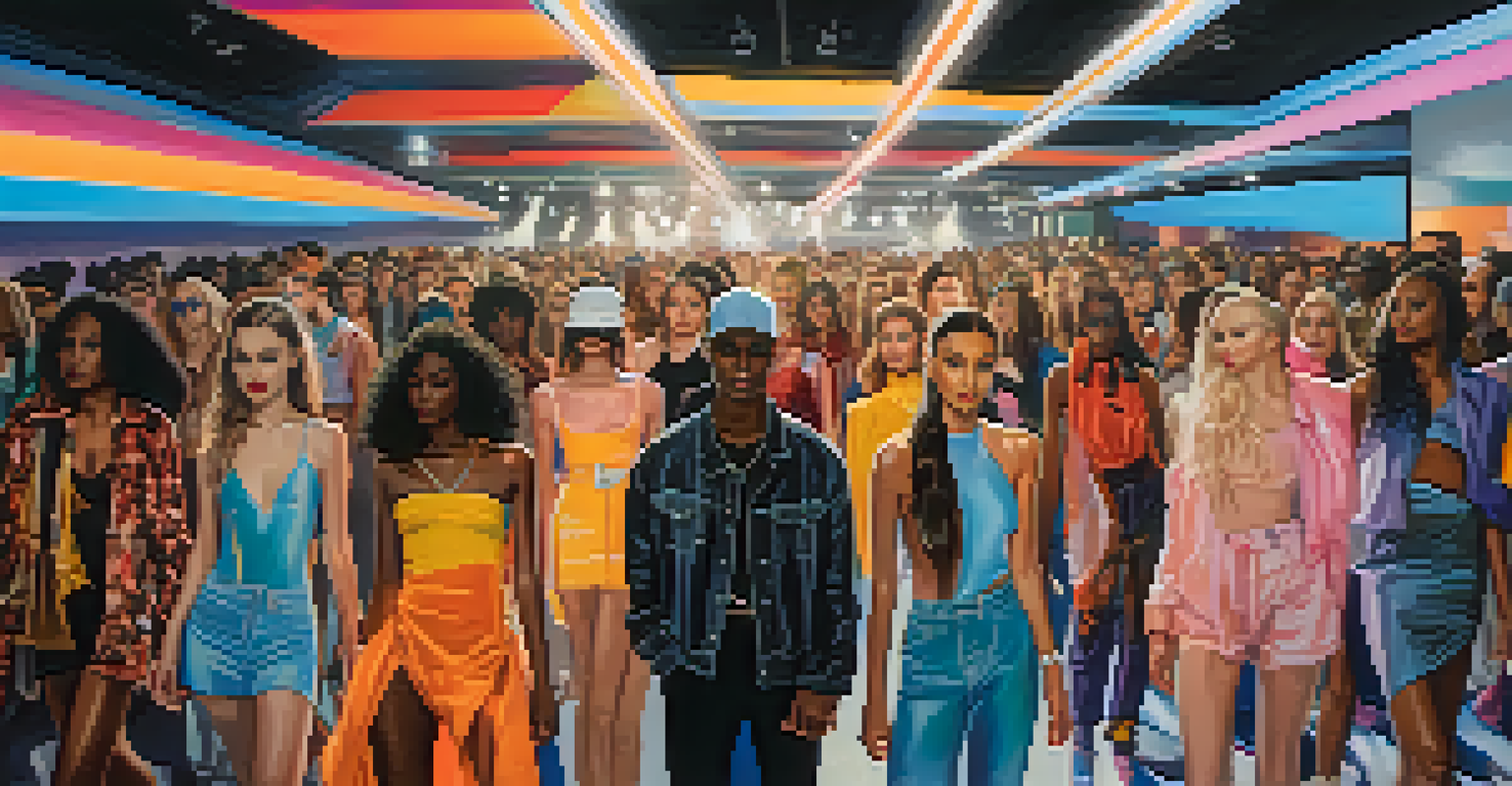 A fashion runway scene with diverse models showcasing a blend of high fashion and streetwear, with colorful lights and an engaged audience.