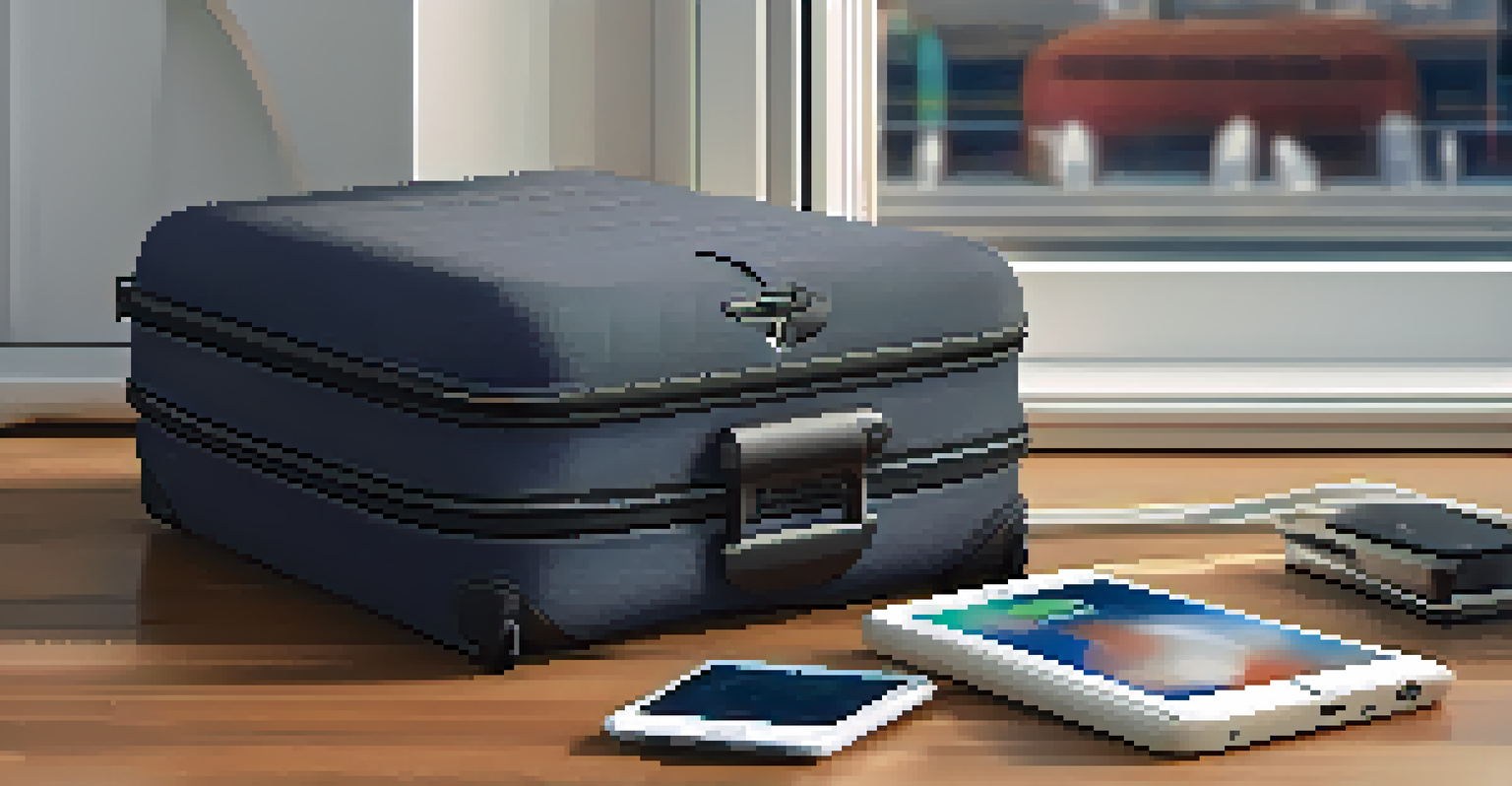 Smart luggage and a tech organizer on a wooden floor with an airplane window view in the background.